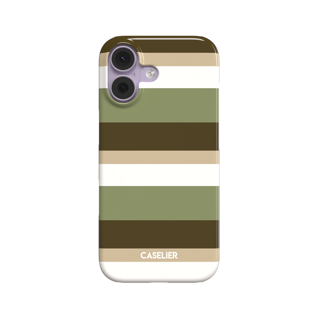 Snap phone case featuring bold horizontal stripes in olive green, dark brown, sand, and white, front view on white background, phone case by Caselier - snap case, front view | Caselier