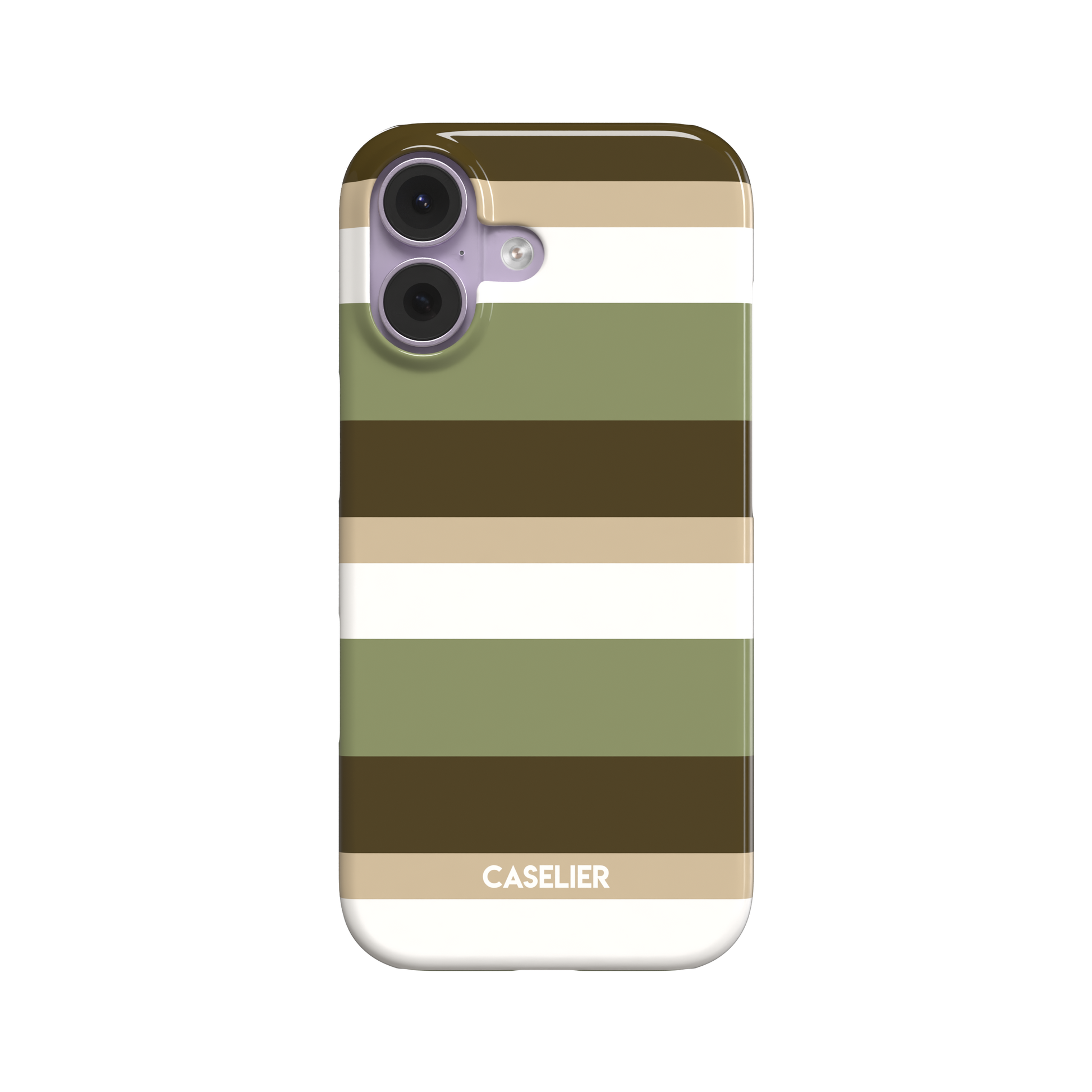 Snap phone case featuring bold horizontal stripes in olive green, dark brown, sand, and white, front view on white background, phone case by Caselier - snap case, front view | Caselier