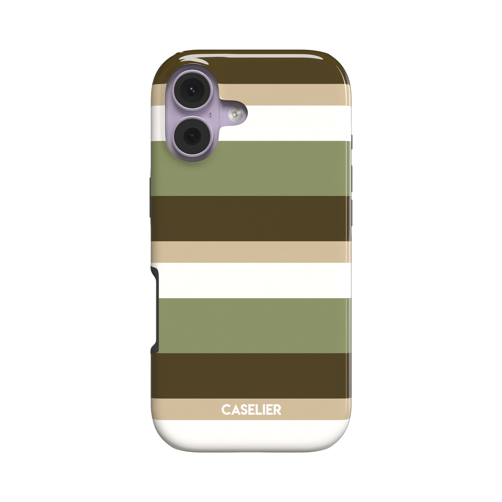 Snap phone case with bold horizontal stripes in olive green, dark brown, sand, and white, slight three-quarter angle showing side profile, white background, phone case by Caselier - tough case, front view | Caselier