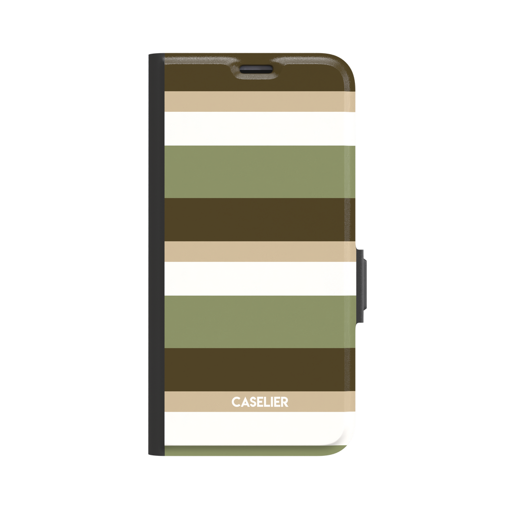 Folio wallet phone case showing bold horizontal stripes in olive green, dark brown, sand, and white on the front cover, black binding and clasp, white background, phone case by Caselier - wallet case, front view | Caselier