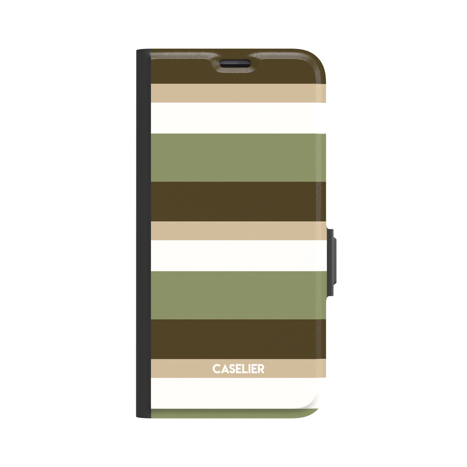 Folio wallet phone case showing bold horizontal stripes in olive green, dark brown, sand, and white on the front cover, black binding and clasp, white background, phone case by Caselier - wallet case, front view | Caselier