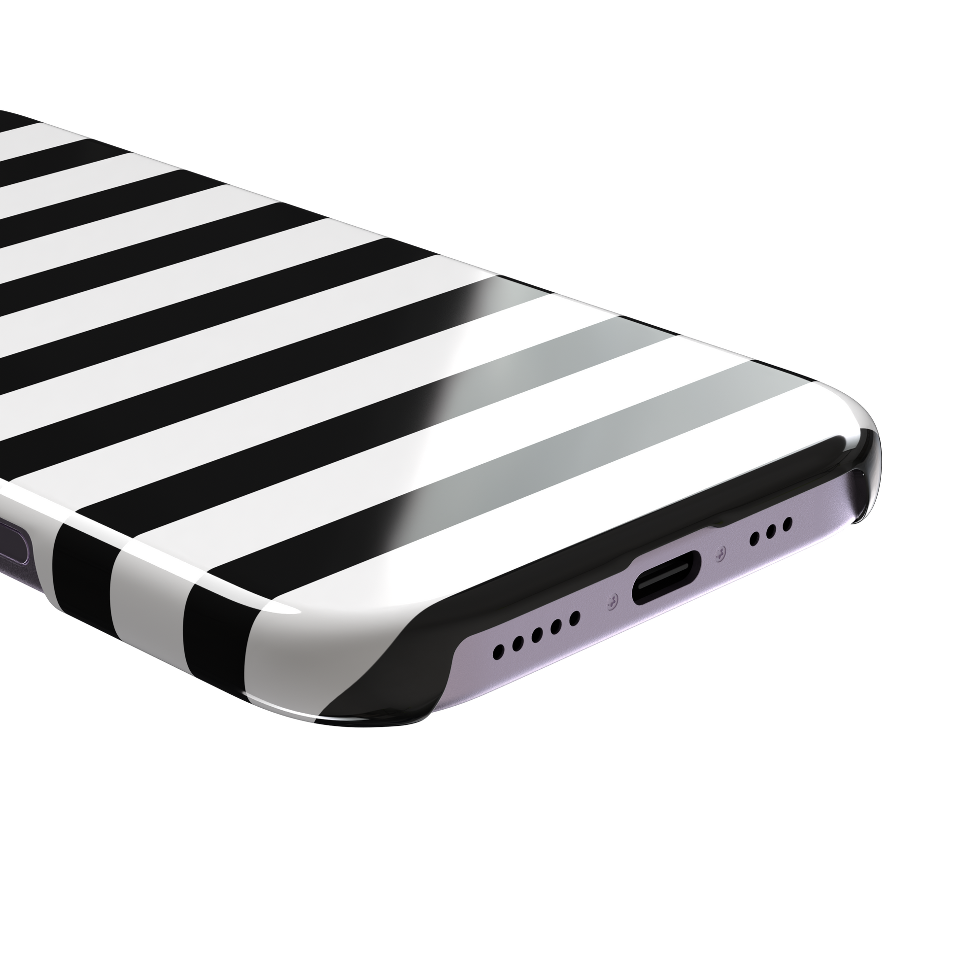 Horizontal Stripes phone case in black and white bold horizontal, phone case by Caselier — snap case, charging port detail