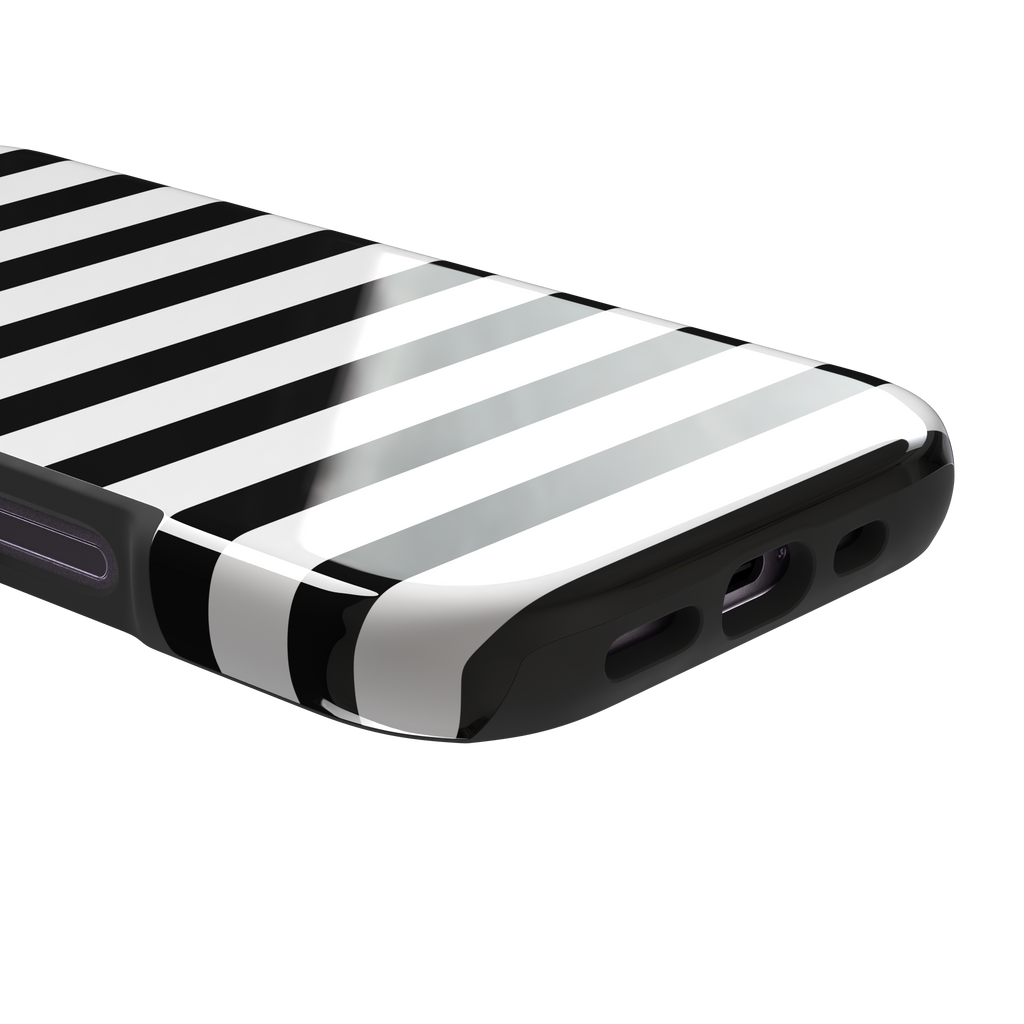 Horizontal Stripes phone case in black and white bold horizontal, phone case by Caselier — tough case, charging port detail