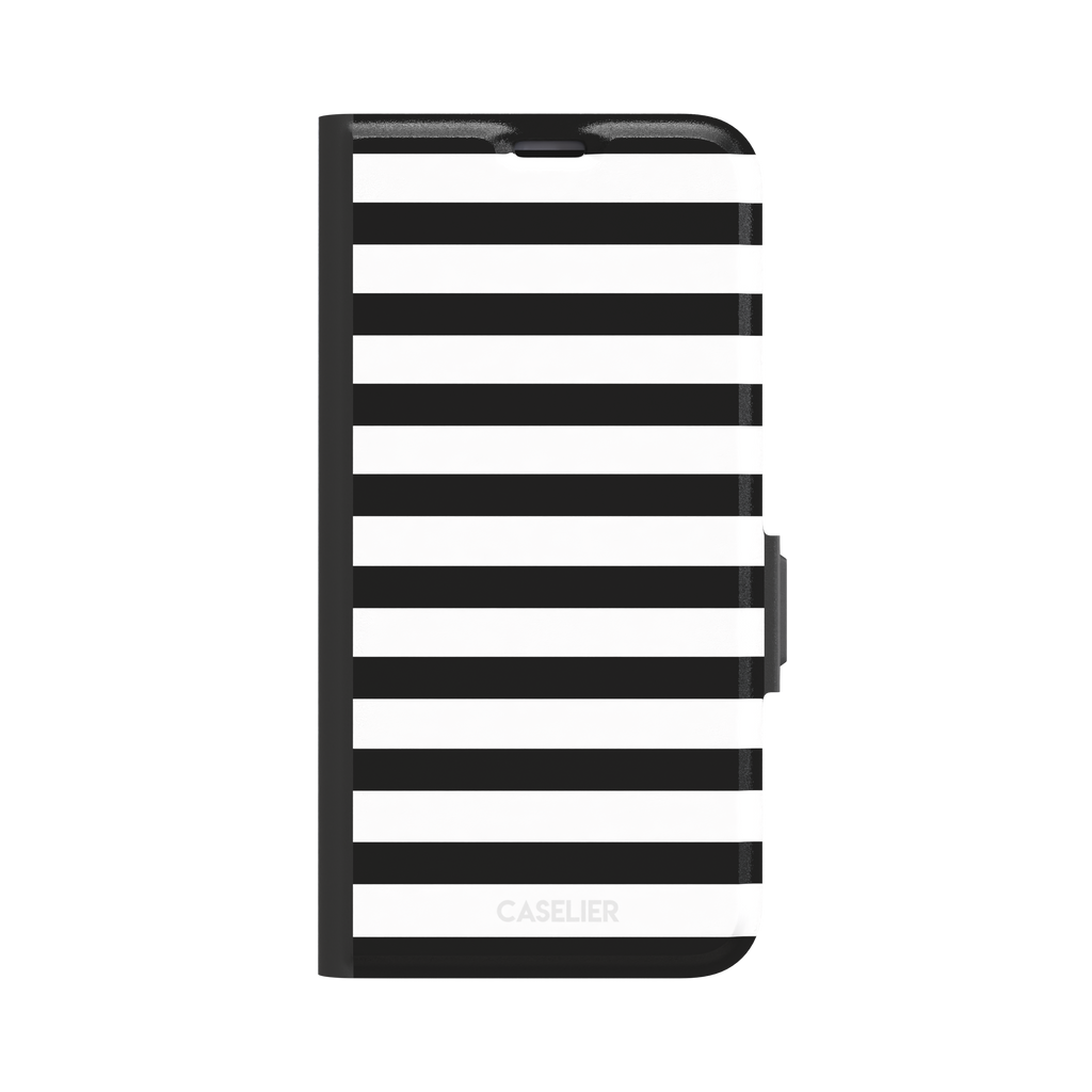 Horizontal Stripes phone case in black and white bold horizontal, phone case by Caselier — wallet case, front view