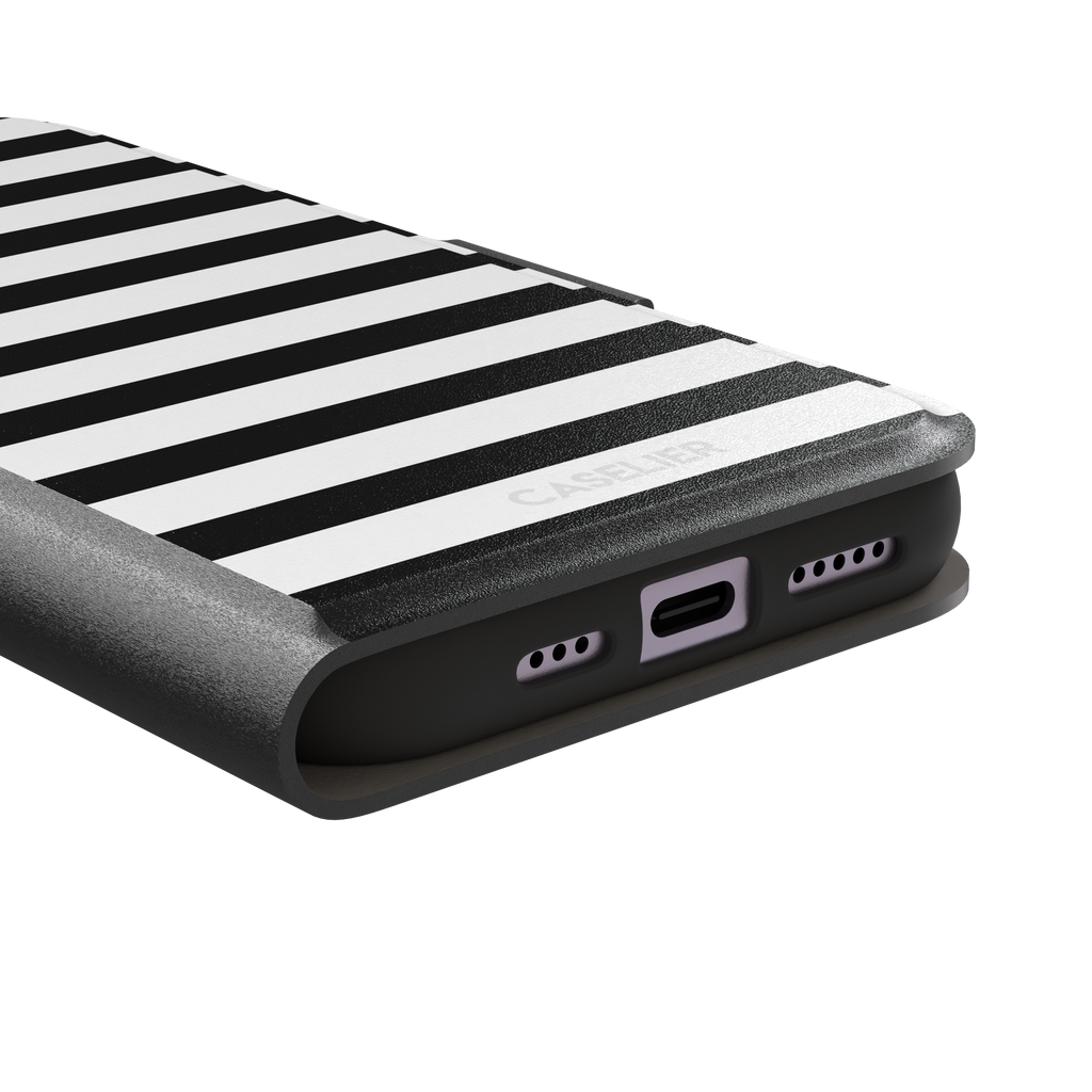 Horizontal Stripes phone case in black and white bold horizontal, phone case by Caselier — wallet case, charging port detail