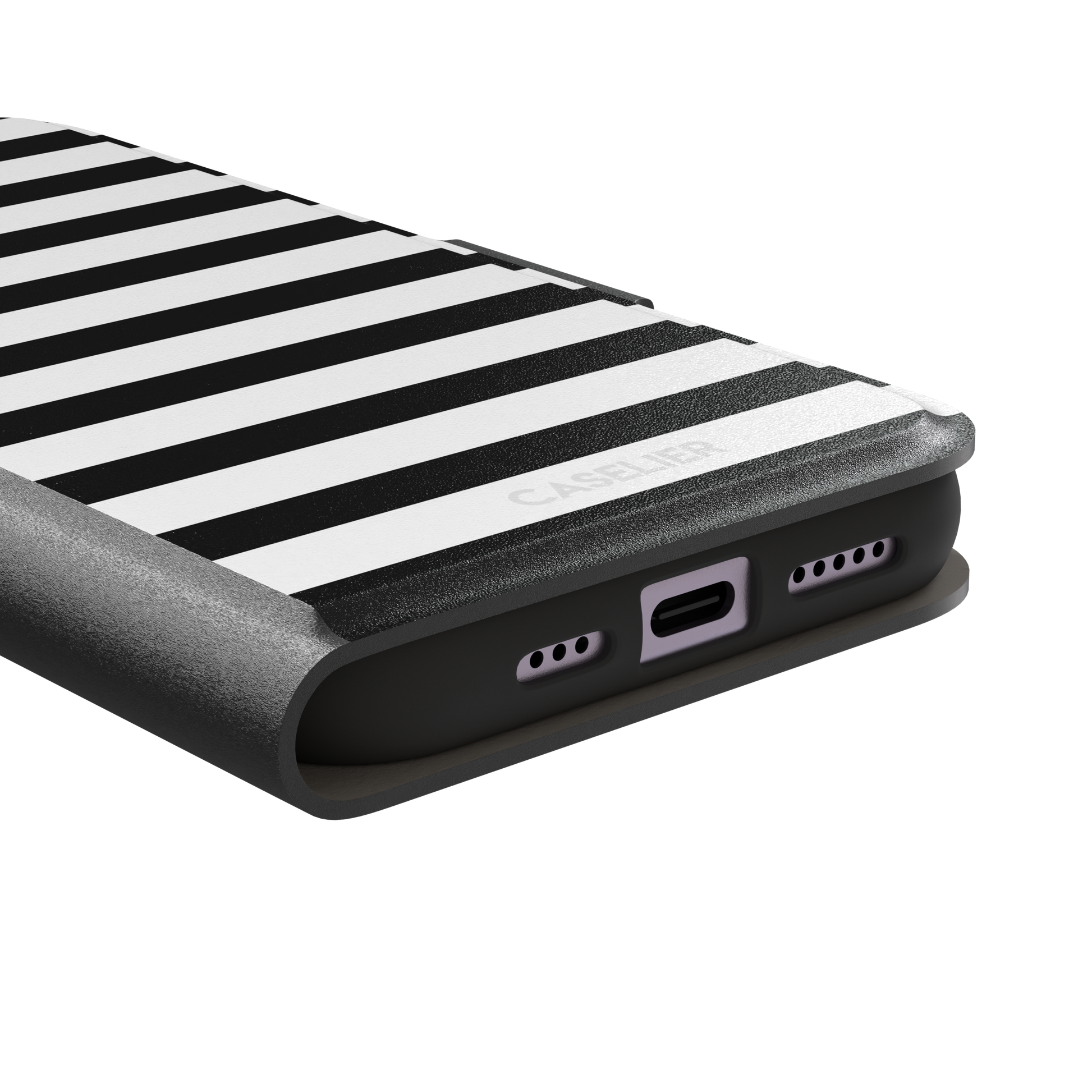Horizontal Stripes phone case in black and white bold horizontal, phone case by Caselier — wallet case, charging port detail