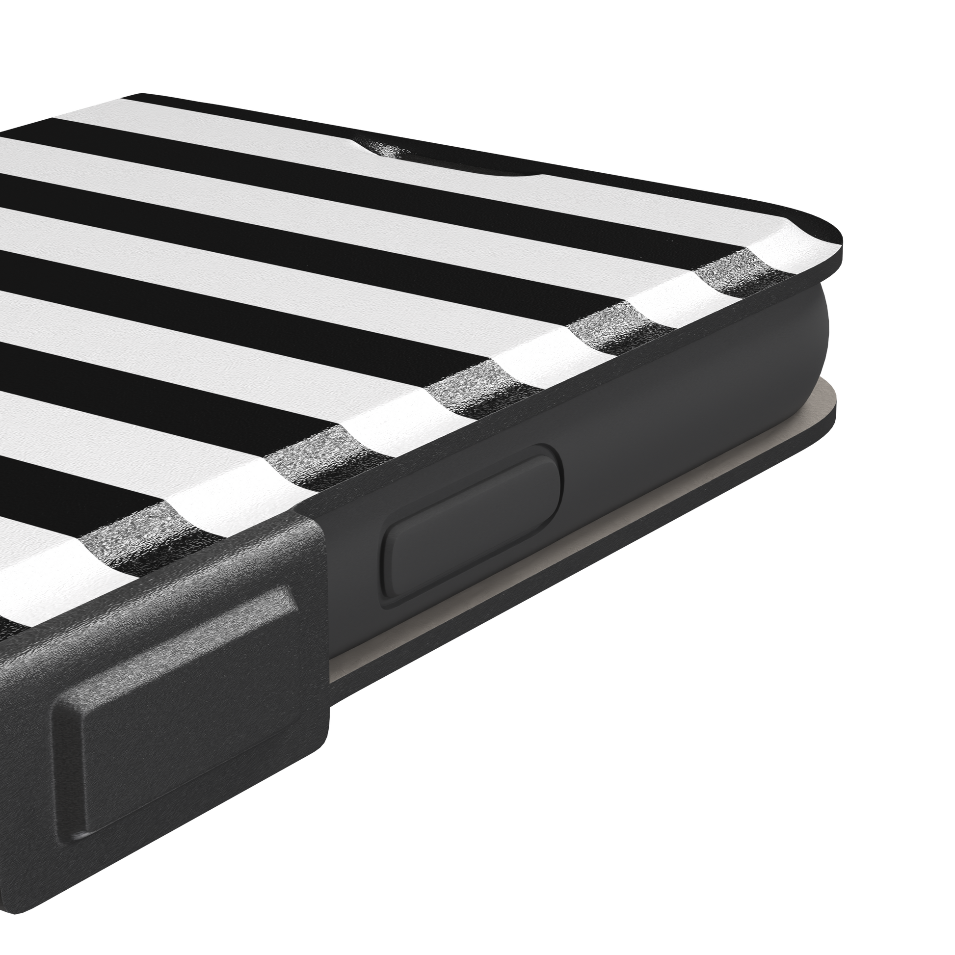 Horizontal Stripes phone case in black and white bold horizontal, phone case by Caselier — wallet case, volume buttons detail