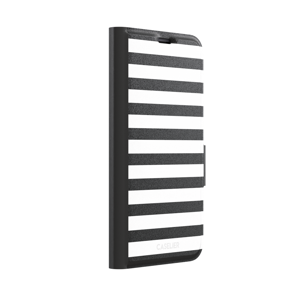 Horizontal Stripes phone case in black and white bold horizontal, phone case by Caselier — wallet case, left view