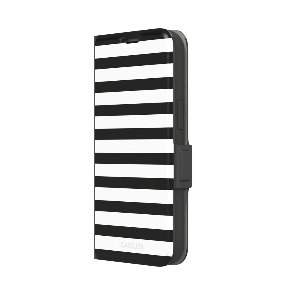 Horizontal Stripes phone case in black and white bold horizontal, phone case by Caselier — wallet case, right view