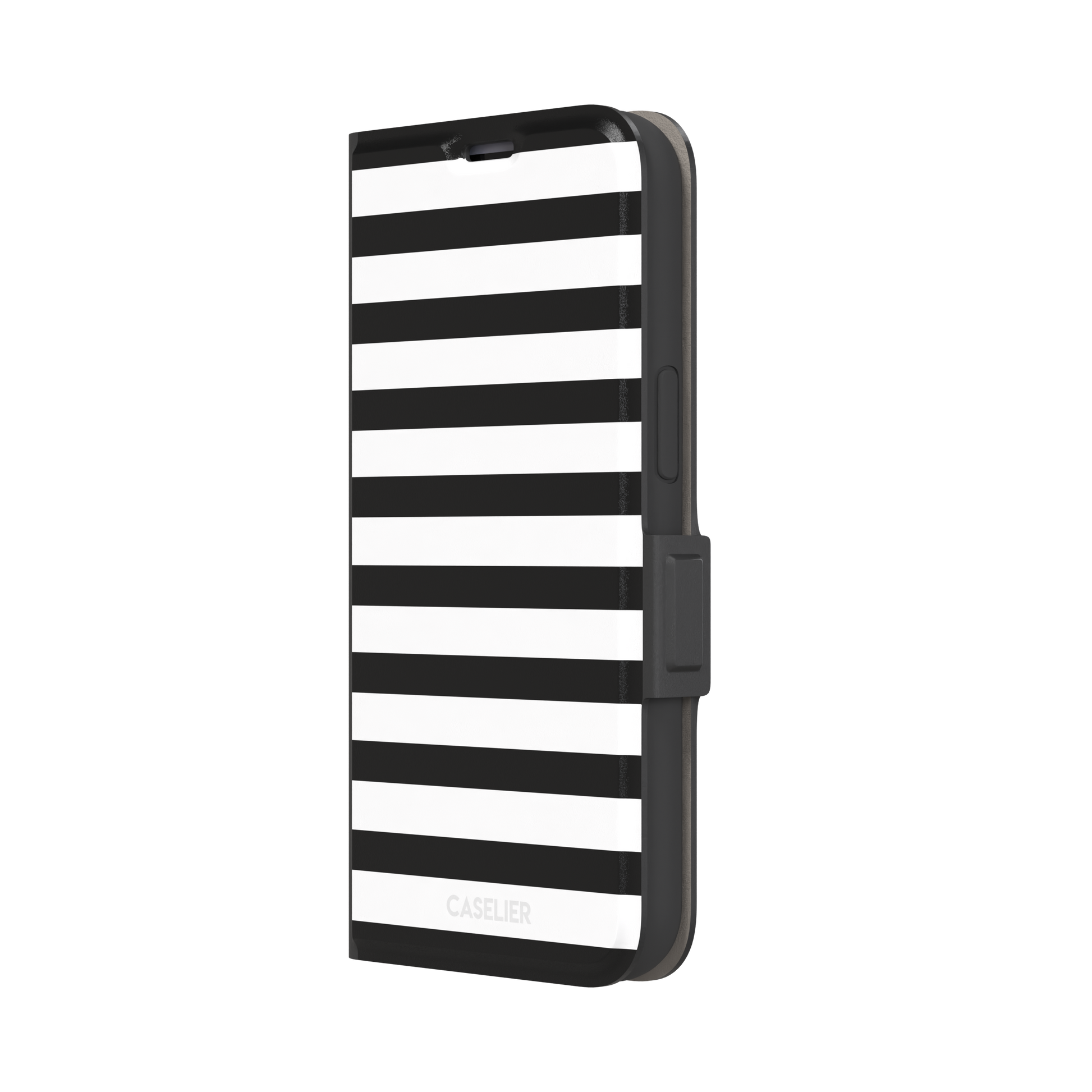 Horizontal Stripes phone case in black and white bold horizontal, phone case by Caselier — wallet case, right view