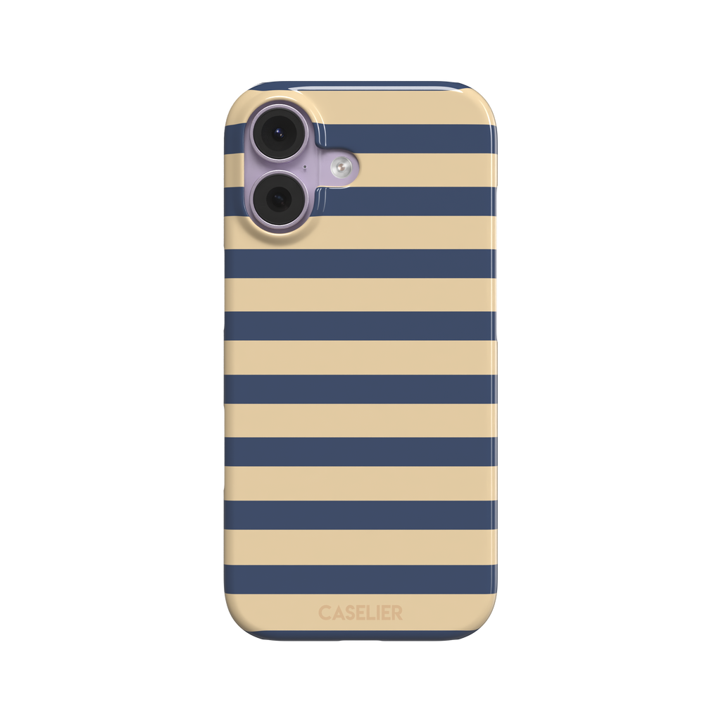 Horizontal Stripes phone case in navy and sand bold horizontal bands, phone case by Caselier — snap case, front view