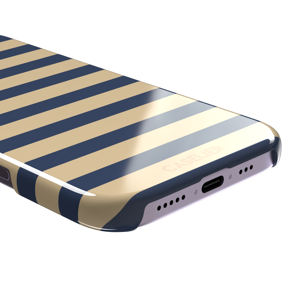 Horizontal Stripes phone case in navy and sand bold horizontal bands, phone case by Caselier — snap case, charging port detail