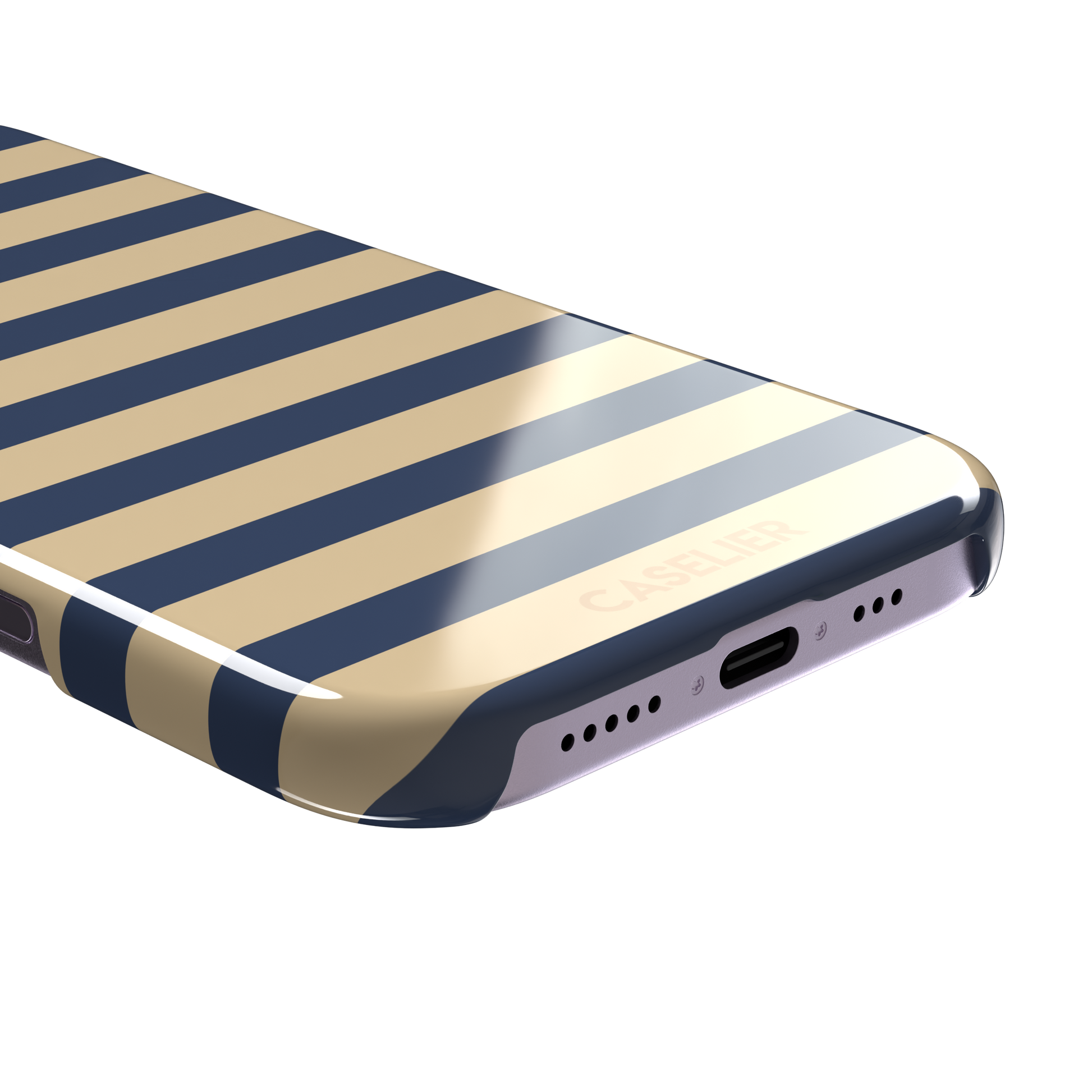 Horizontal Stripes phone case in navy and sand bold horizontal bands, phone case by Caselier — snap case, charging port detail