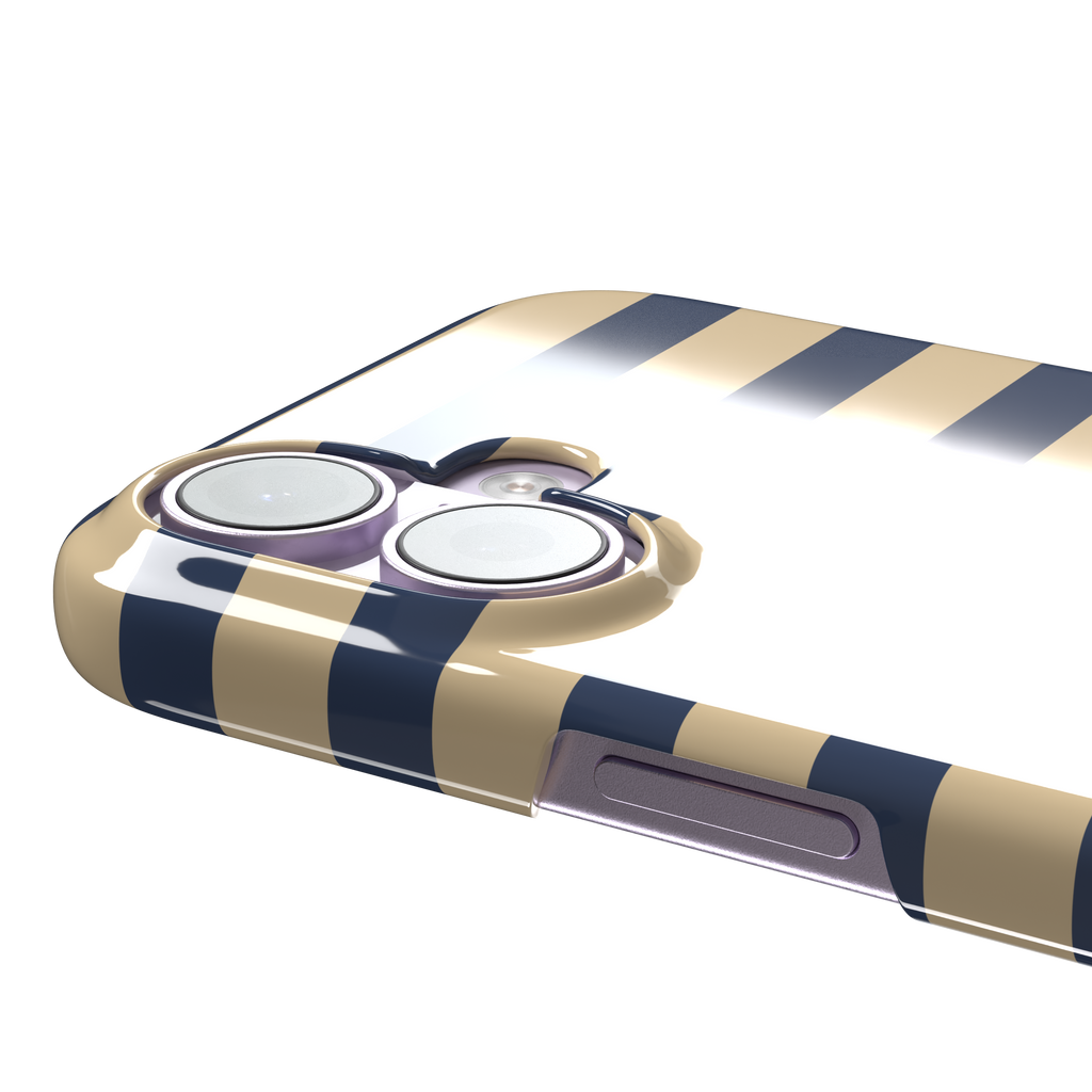 Horizontal Stripes phone case in navy and sand bold horizontal bands, phone case by Caselier — snap case, volume buttons detail