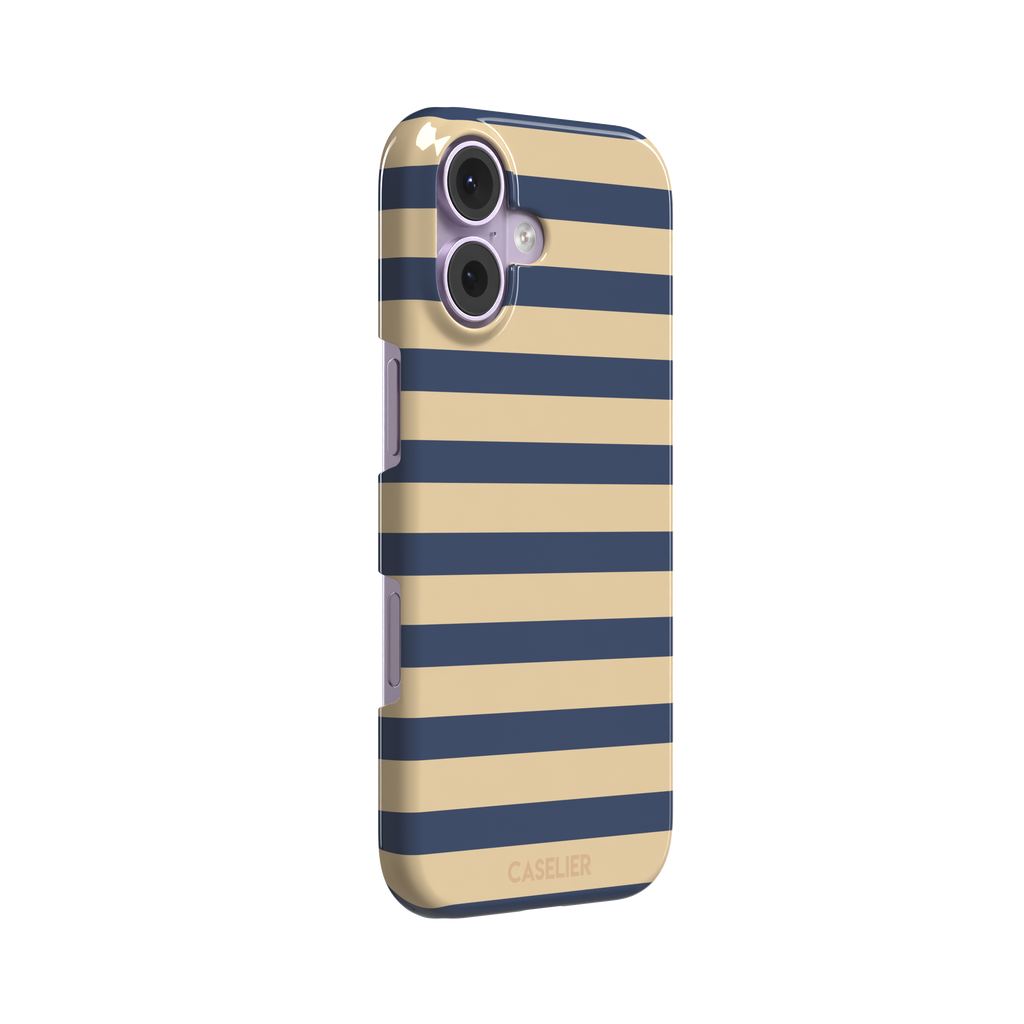 Horizontal Stripes phone case in navy and sand bold horizontal bands, phone case by Caselier — snap case, left view