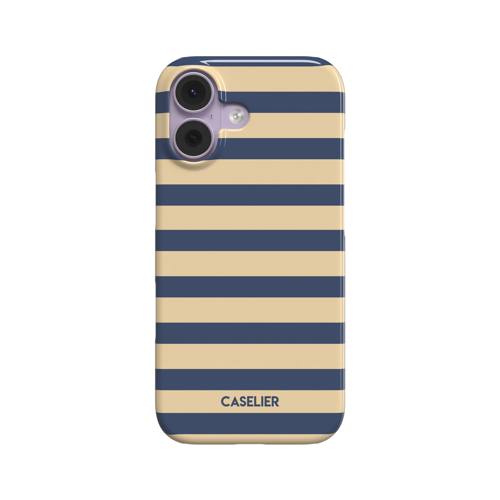 Glossy phone case with bold horizontal stripes alternating between deep navy blue and sandy nude, Breton-inspired pattern, phone case by Caselier - snap case, front view | Caselier