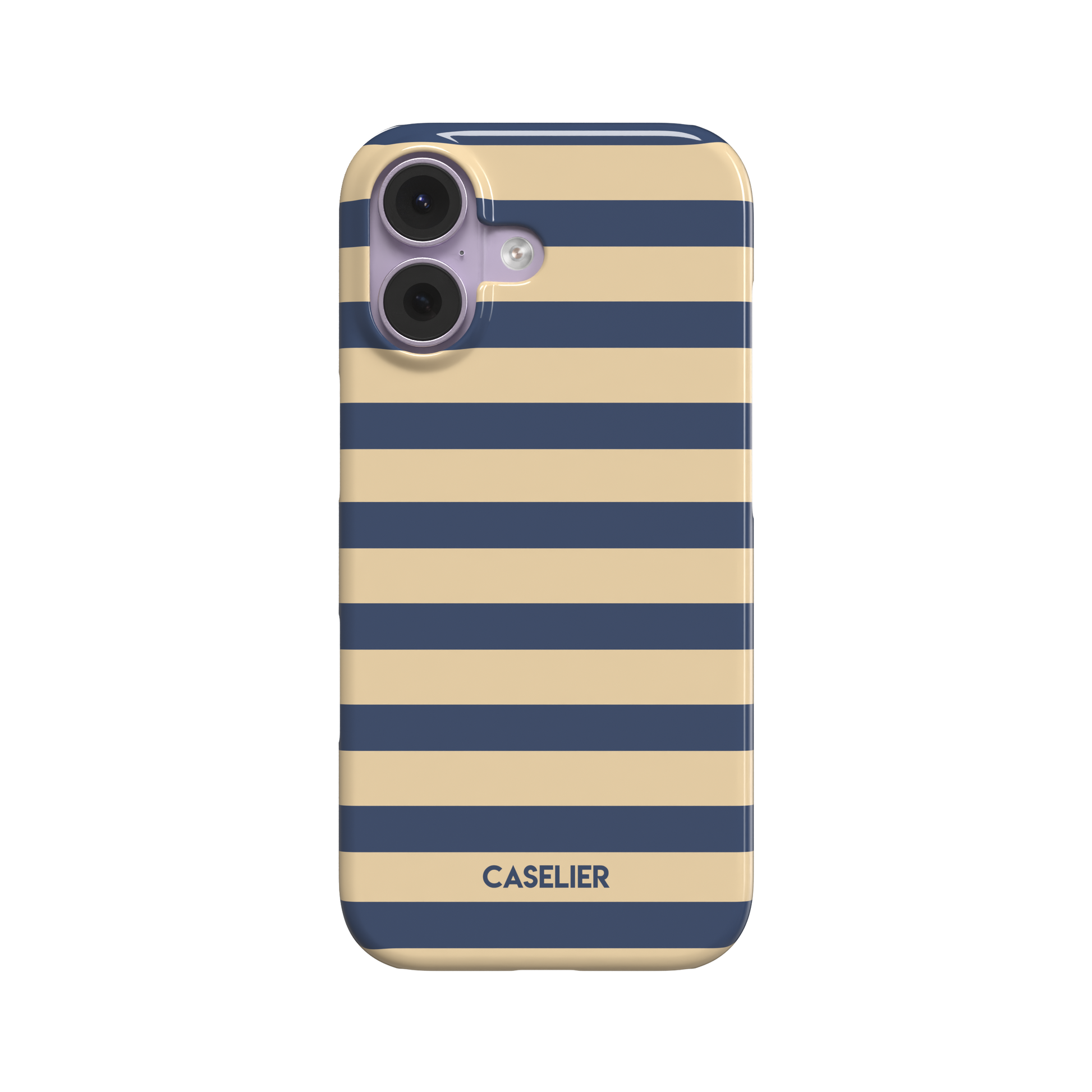 Glossy phone case with bold horizontal stripes alternating between deep navy blue and sandy nude, Breton-inspired pattern, phone case by Caselier - snap case, front view | Caselier