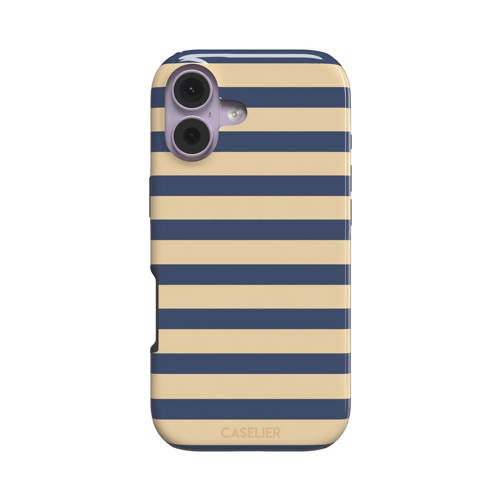 Horizontal Stripes phone case in navy and sand bold horizontal bands, phone case by Caselier — tough case, front view