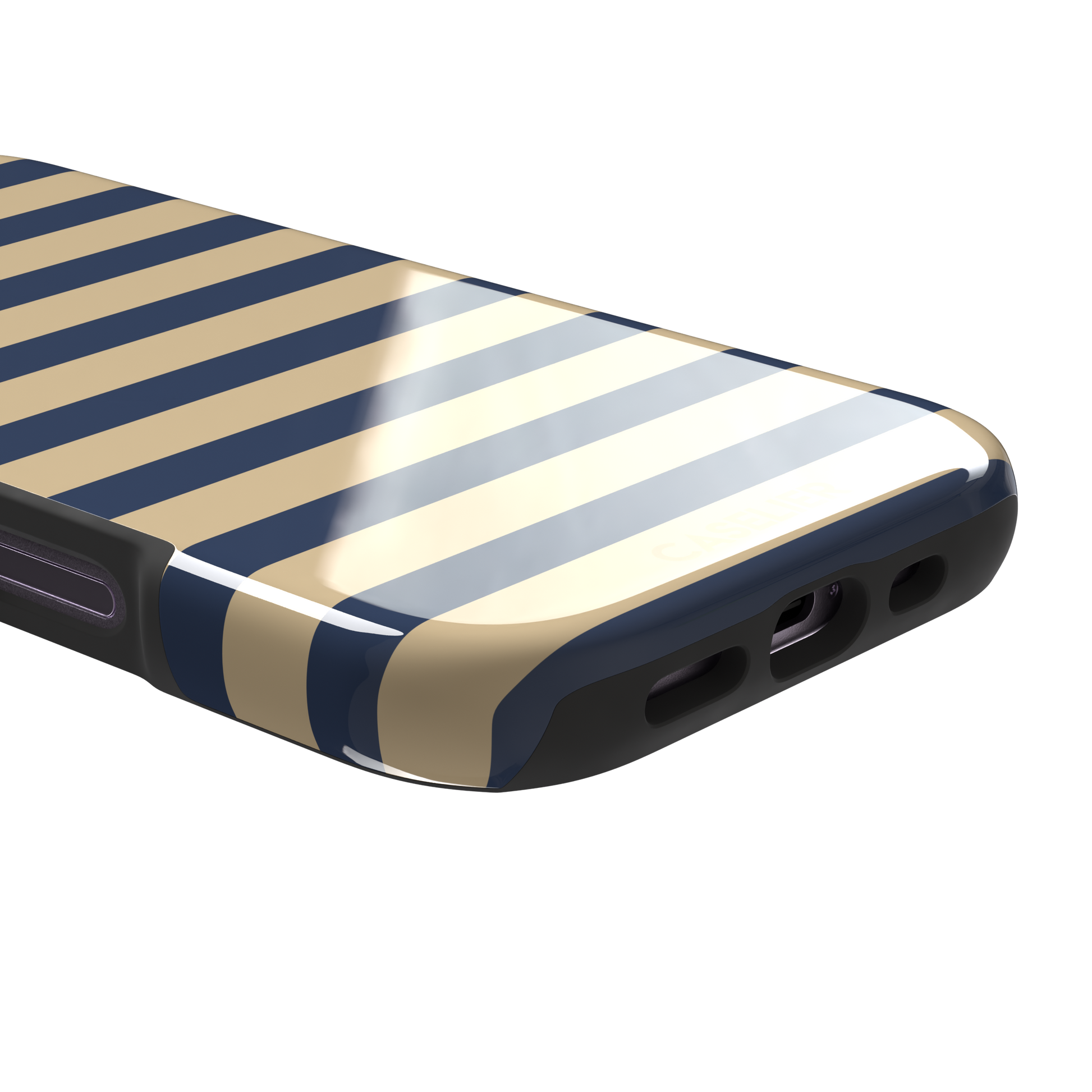 Horizontal Stripes phone case in navy and sand bold horizontal bands, phone case by Caselier — tough case, charging port detail