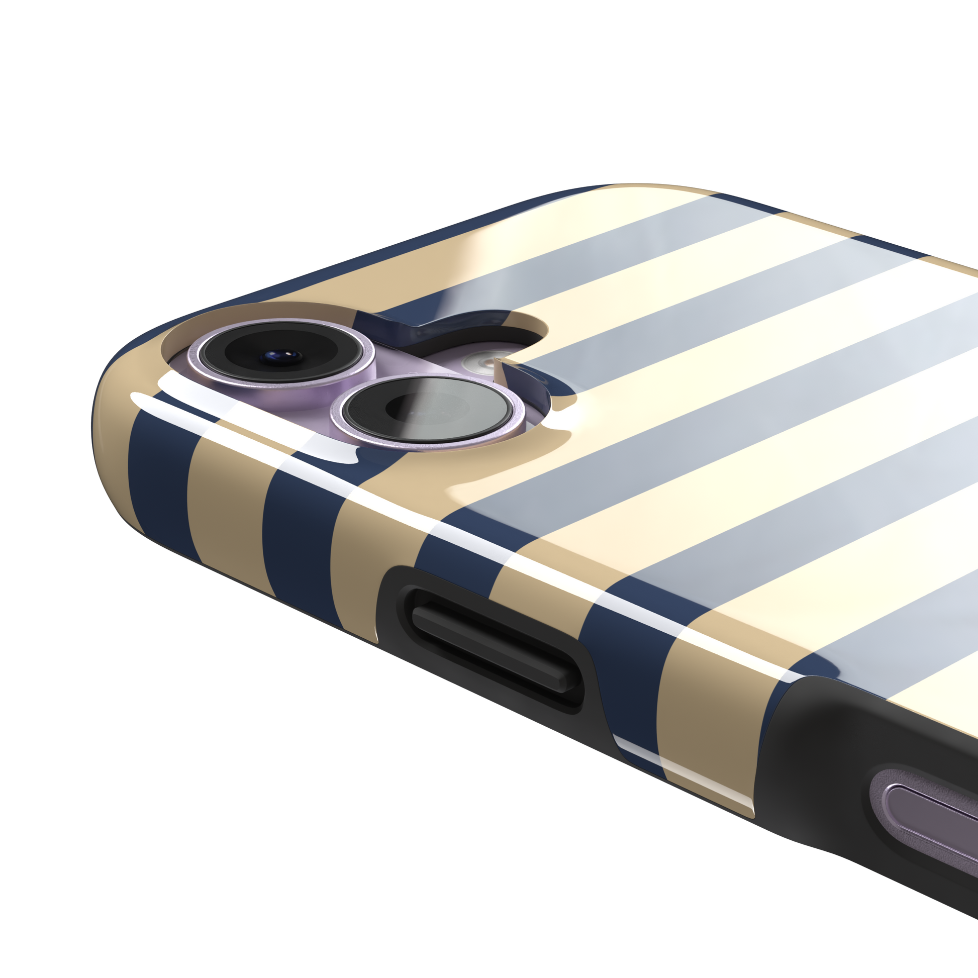 Horizontal Stripes phone case in navy and sand bold horizontal bands, phone case by Caselier — tough case, volume buttons detail
