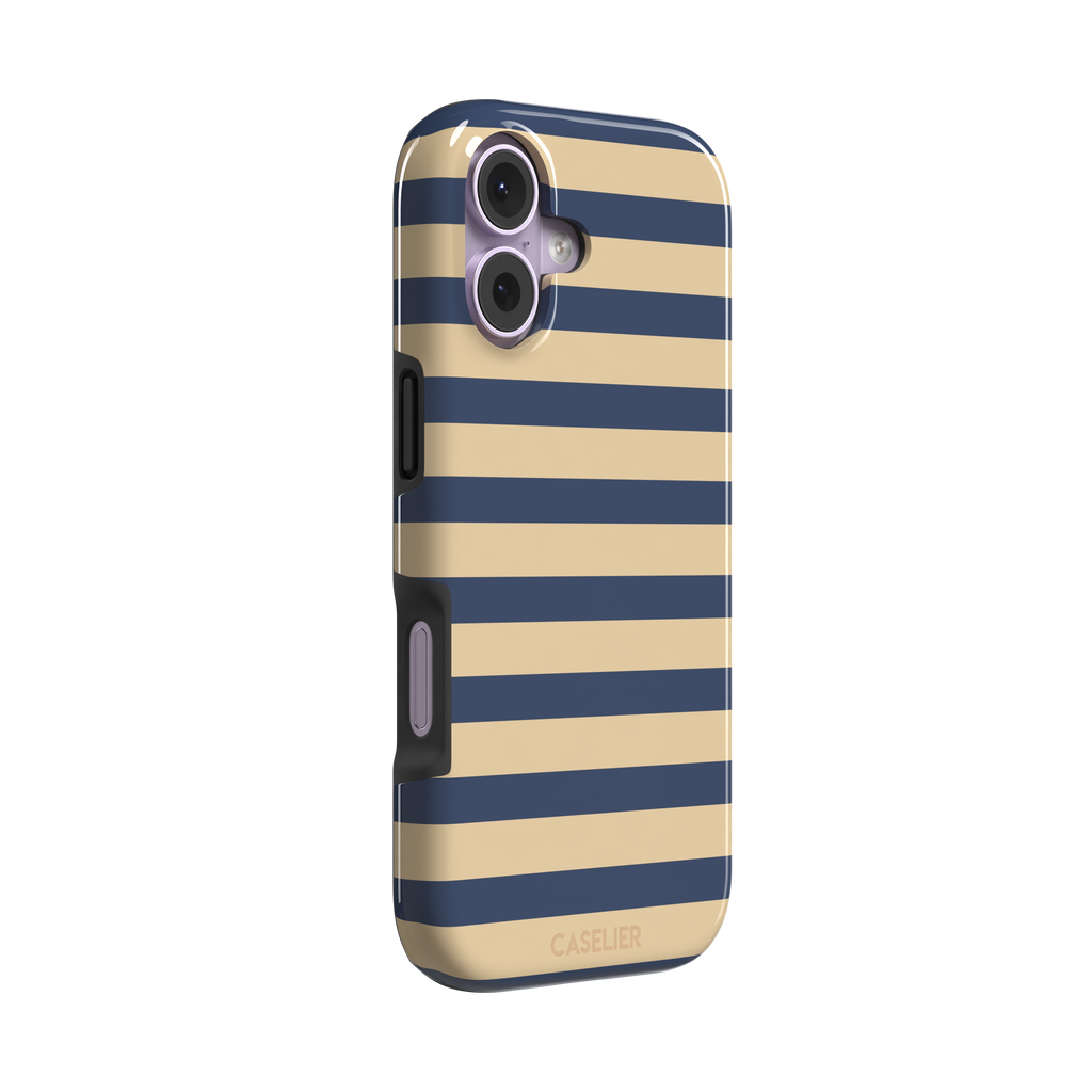 Horizontal Stripes phone case in navy and sand bold horizontal bands, phone case by Caselier — tough case, left view