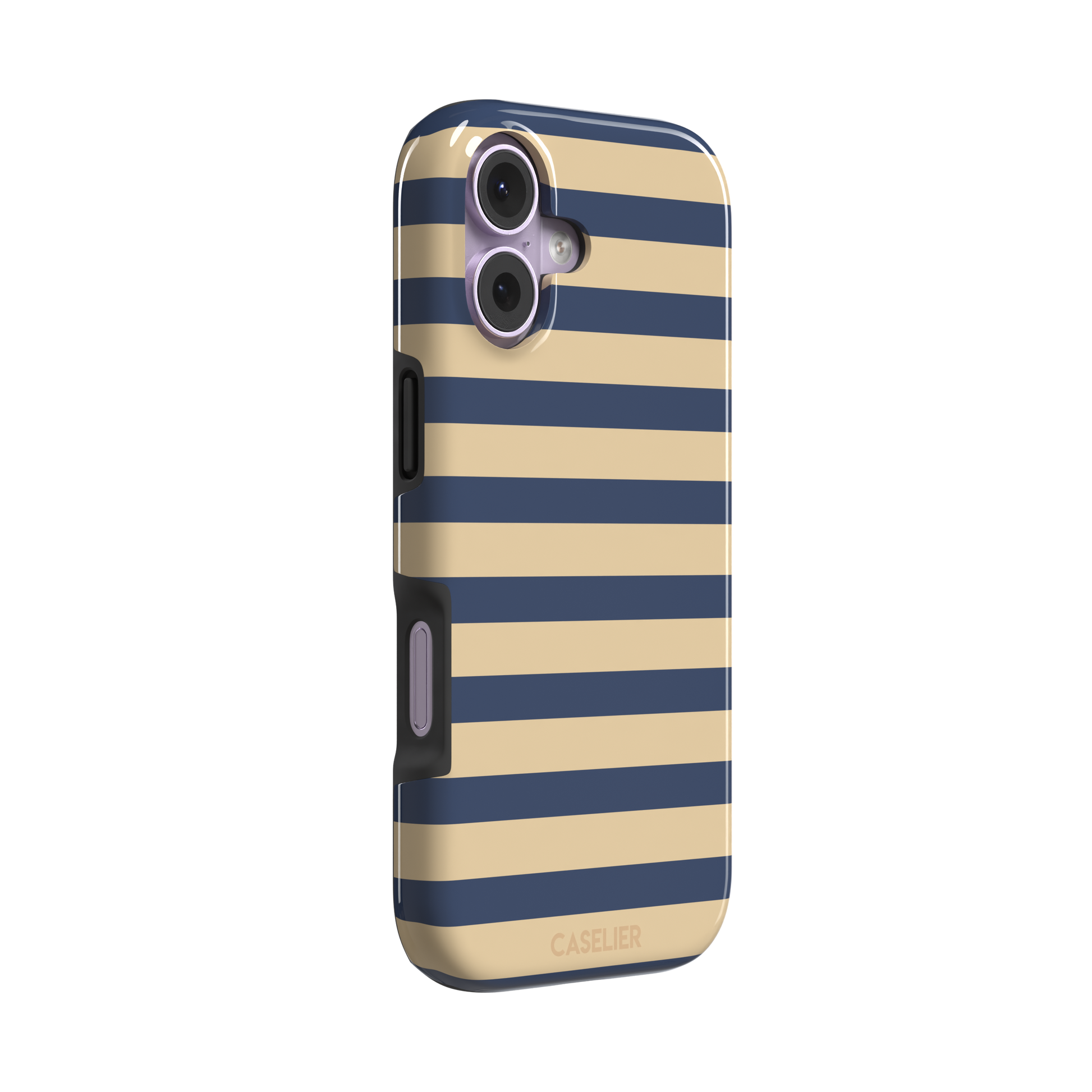 Horizontal Stripes phone case in navy and sand bold horizontal bands, phone case by Caselier — tough case, left view
