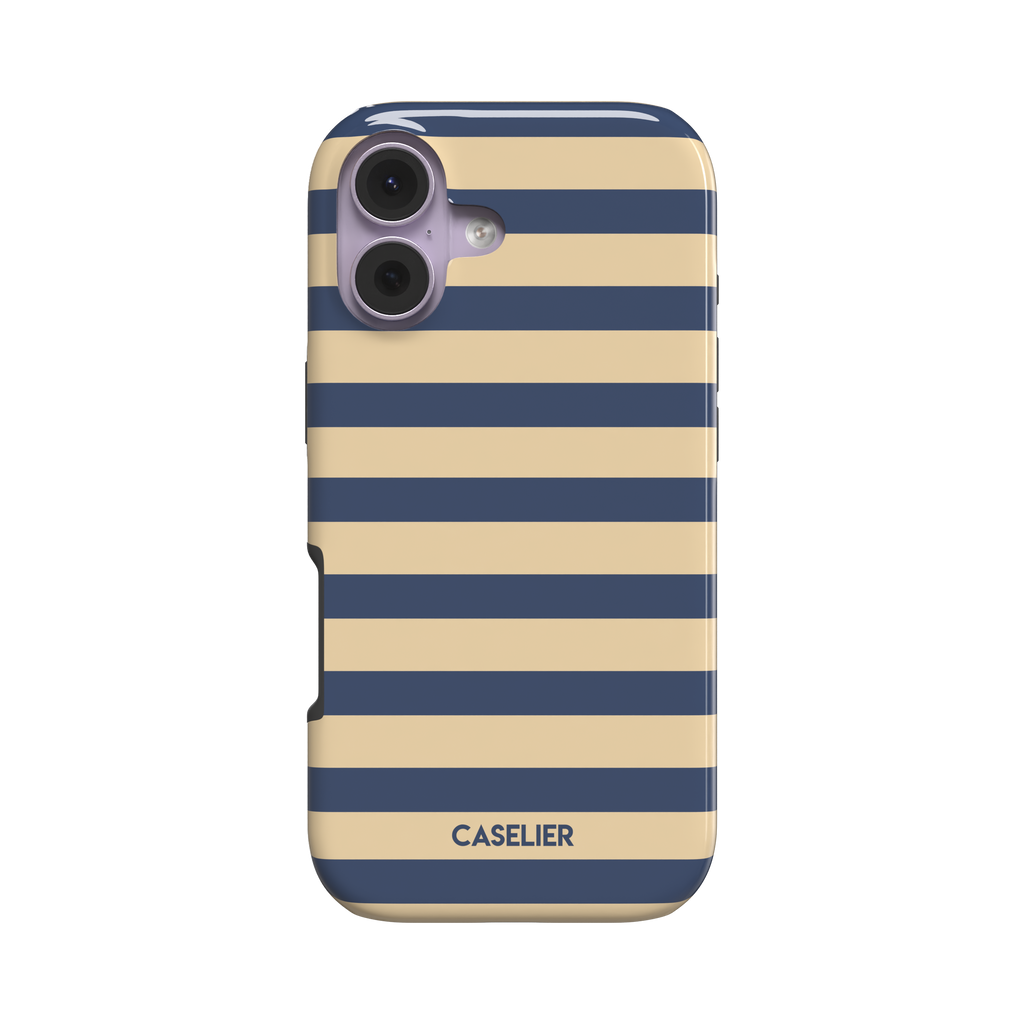 Glossy phone case with bold horizontal stripes alternating between deep navy blue and sandy nude, Breton-inspired pattern, phone case by Caselier - tough case, front view | Caselier