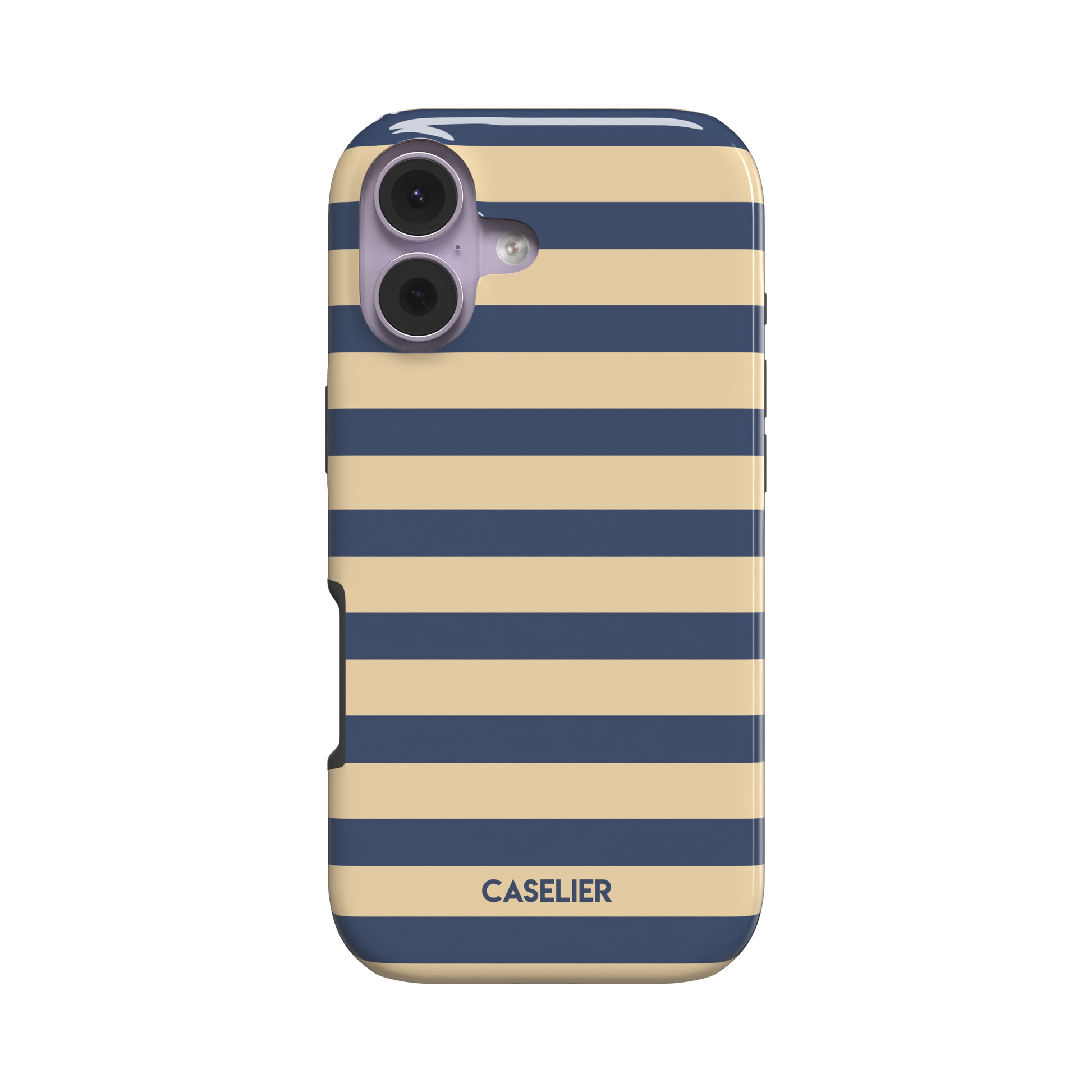Glossy phone case with bold horizontal stripes alternating between deep navy blue and sandy nude, Breton-inspired pattern, phone case by Caselier - tough case, front view | Caselier