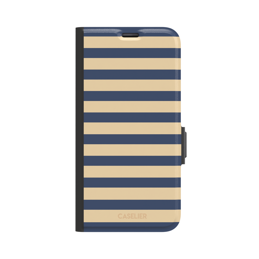Horizontal Stripes phone case in navy and sand bold horizontal bands, phone case by Caselier — wallet case, front view