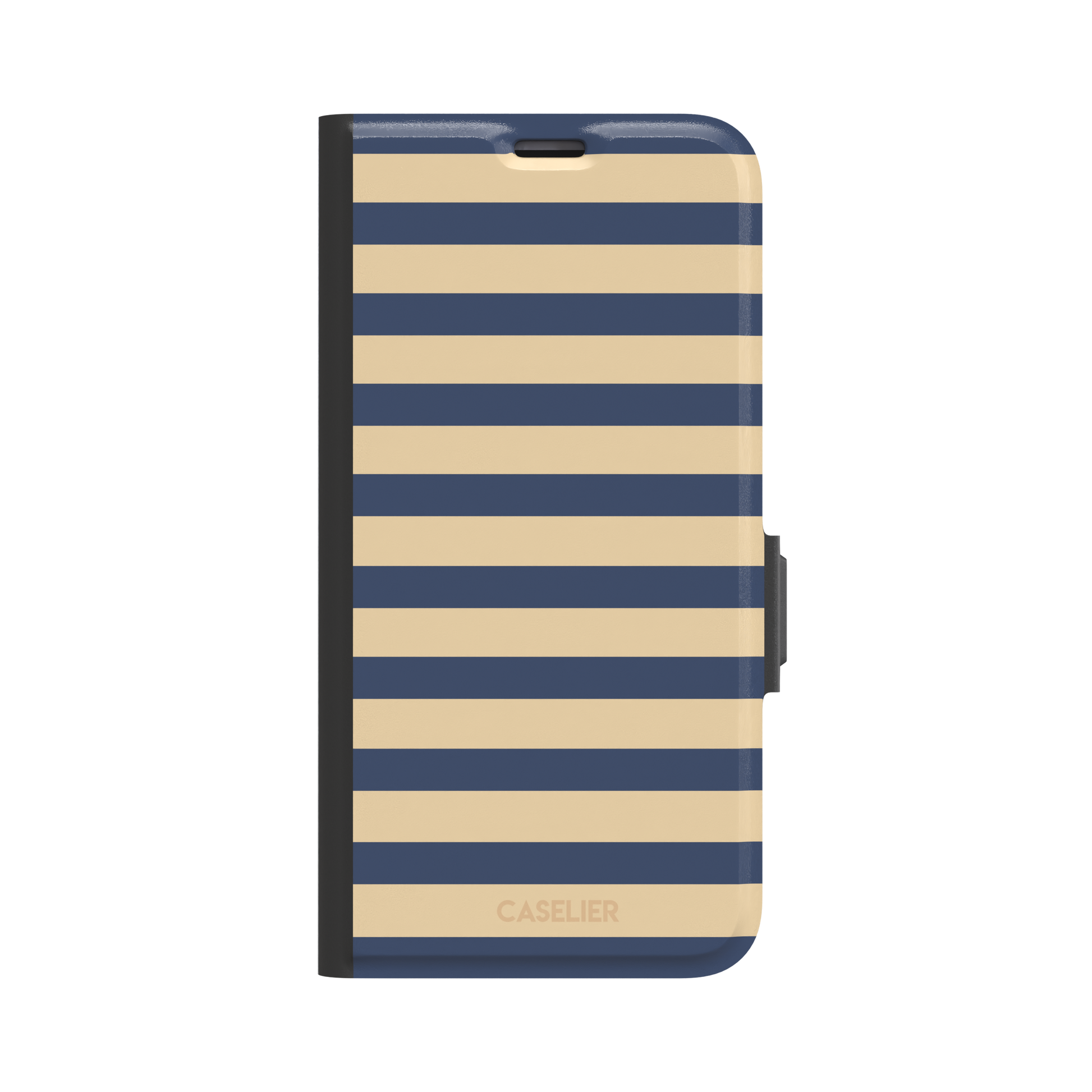 Horizontal Stripes phone case in navy and sand bold horizontal bands, phone case by Caselier — wallet case, front view