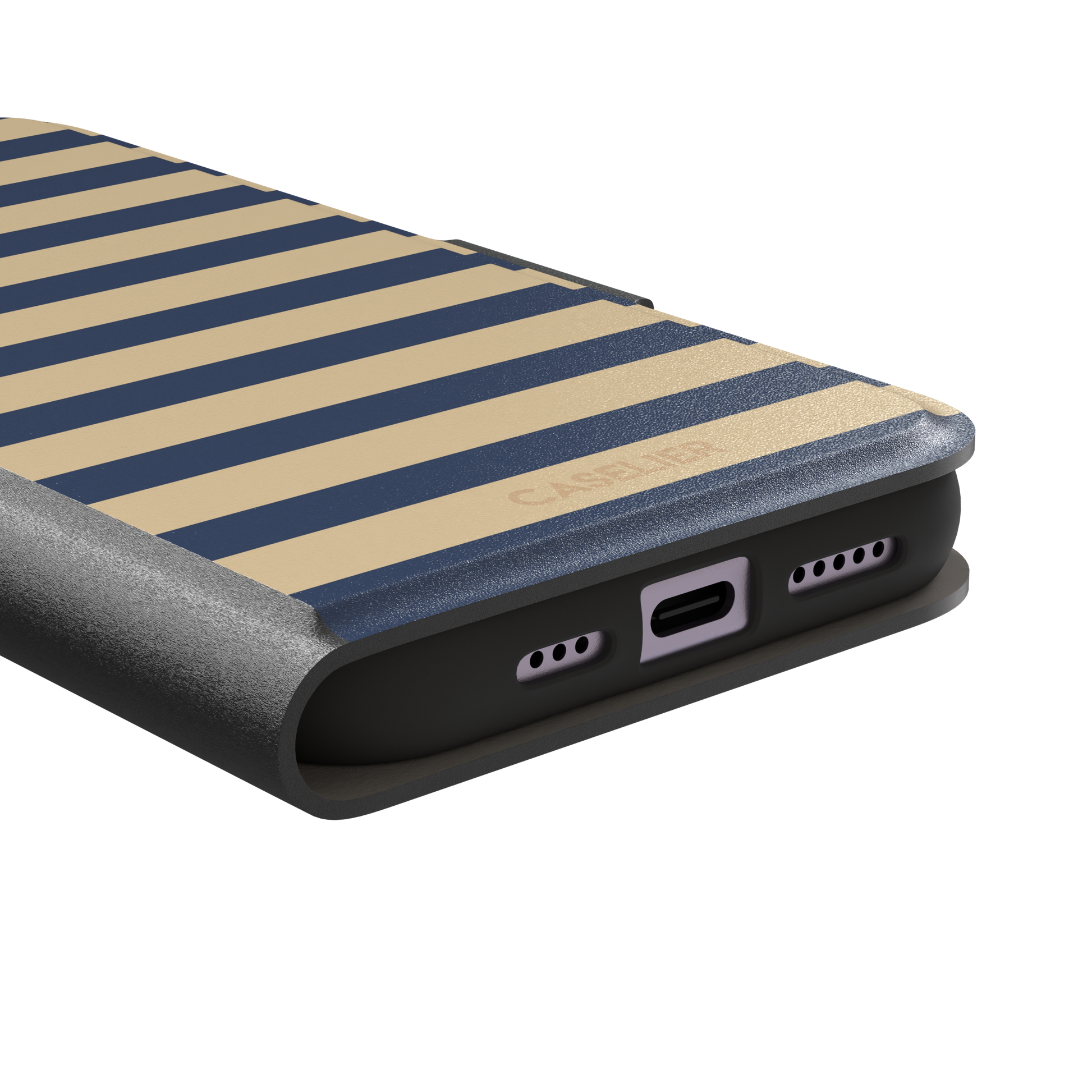 Horizontal Stripes phone case in navy and sand bold horizontal bands, phone case by Caselier — wallet case, charging port detail