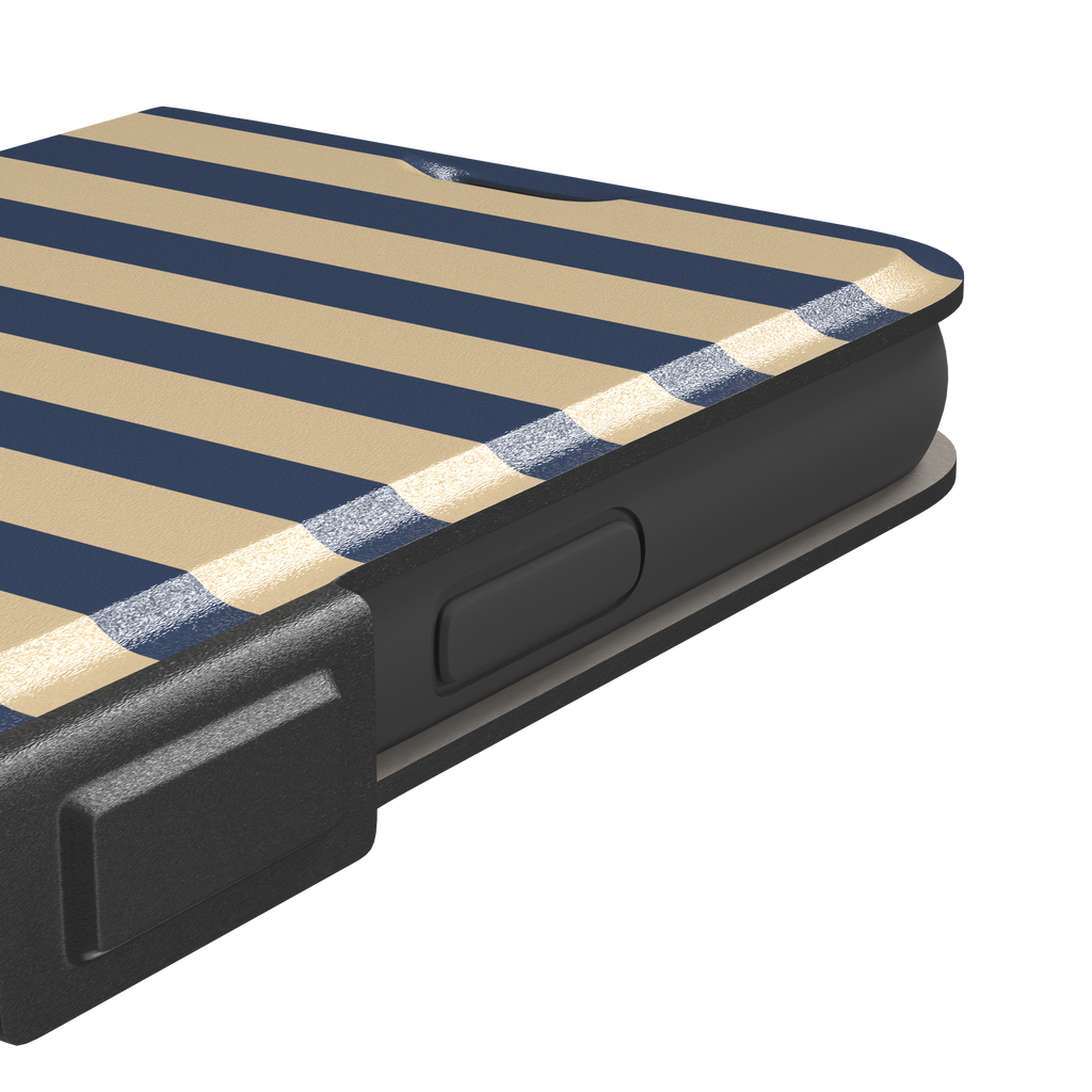 Horizontal Stripes phone case in navy and sand bold horizontal bands, phone case by Caselier — wallet case, volume buttons detail