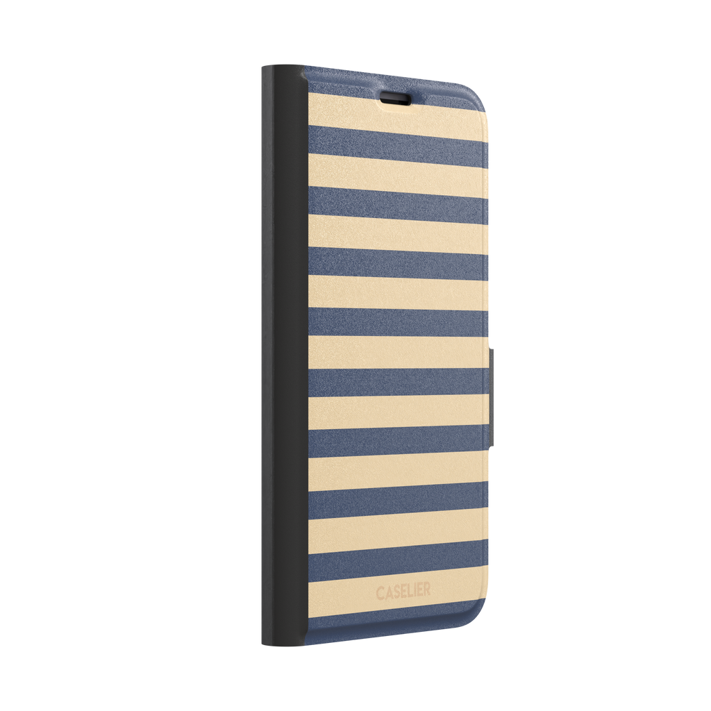 Horizontal Stripes phone case in navy and sand bold horizontal bands, phone case by Caselier — wallet case, left view