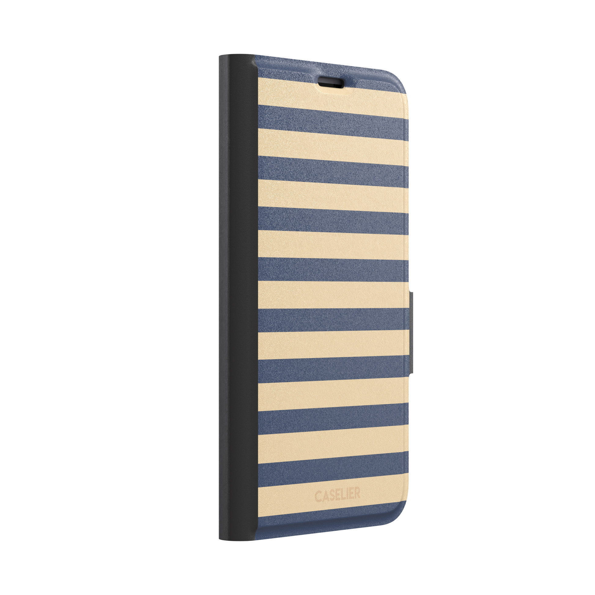 Horizontal Stripes phone case in navy and sand bold horizontal bands, phone case by Caselier — wallet case, left view
