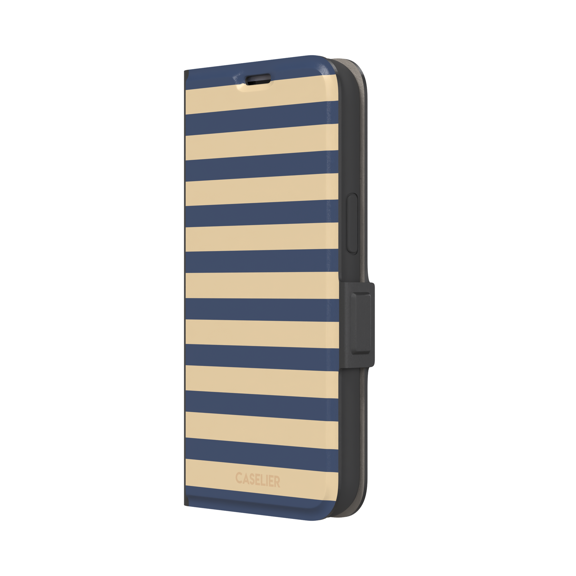 Horizontal Stripes phone case in navy and sand bold horizontal bands, phone case by Caselier — wallet case, right view
