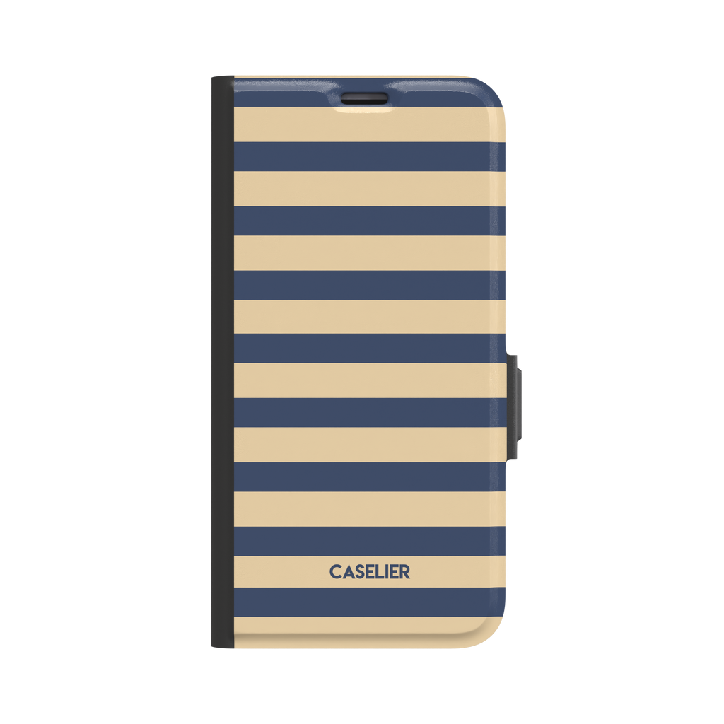 Glossy phone case with bold horizontal stripes alternating between deep navy blue and sandy nude, Breton-inspired pattern, phone case by Caselier - wallet case, front view | Caselier