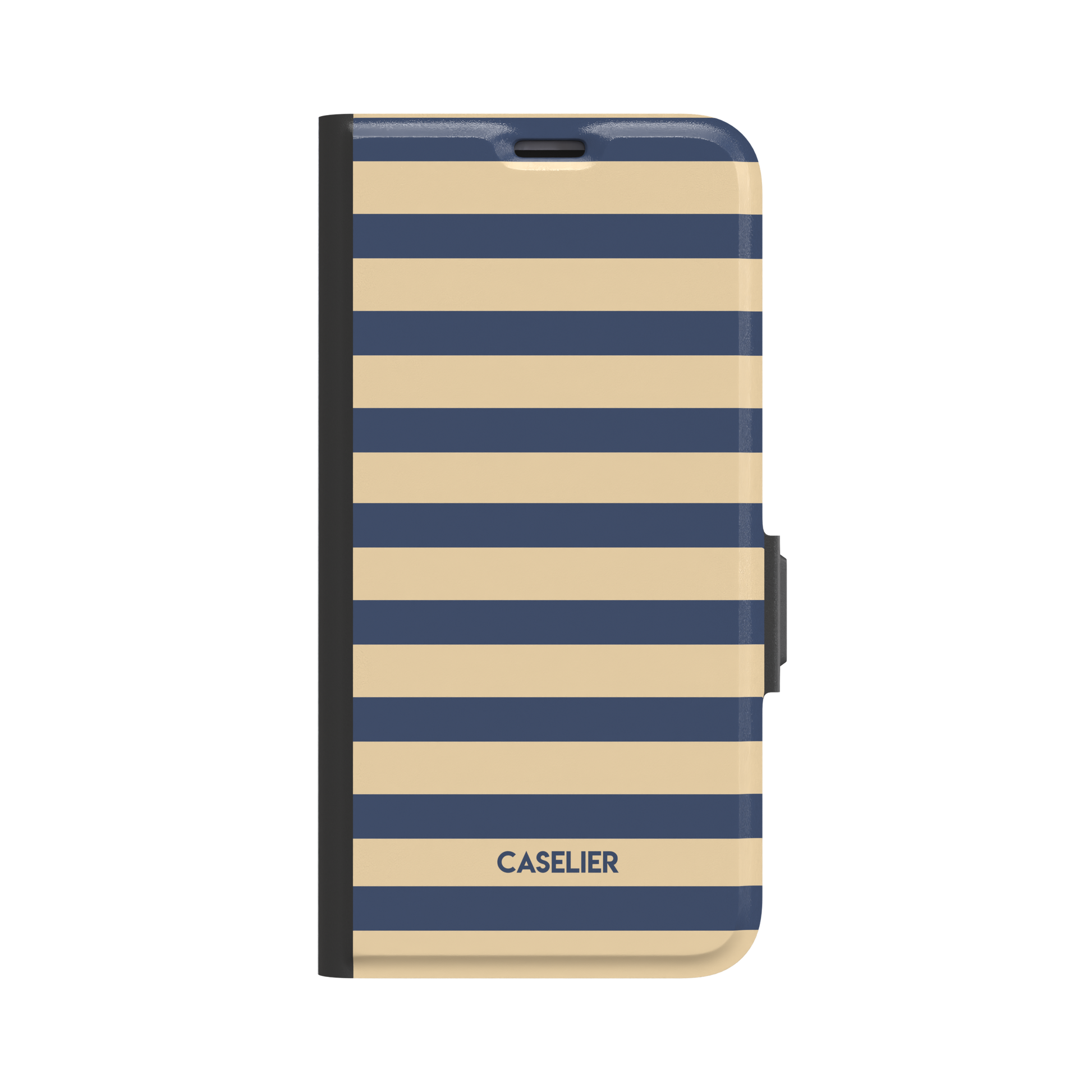 Glossy phone case with bold horizontal stripes alternating between deep navy blue and sandy nude, Breton-inspired pattern, phone case by Caselier - wallet case, front view | Caselier