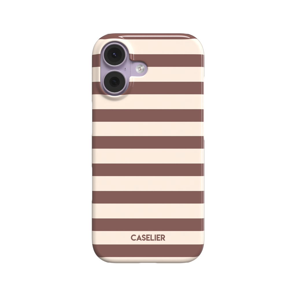 Glossy phone case with wide horizontal stripes alternating between warm cocoa brown and soft cream, classic striped pattern, phone case by Caselier - snap case, front view | Caselier