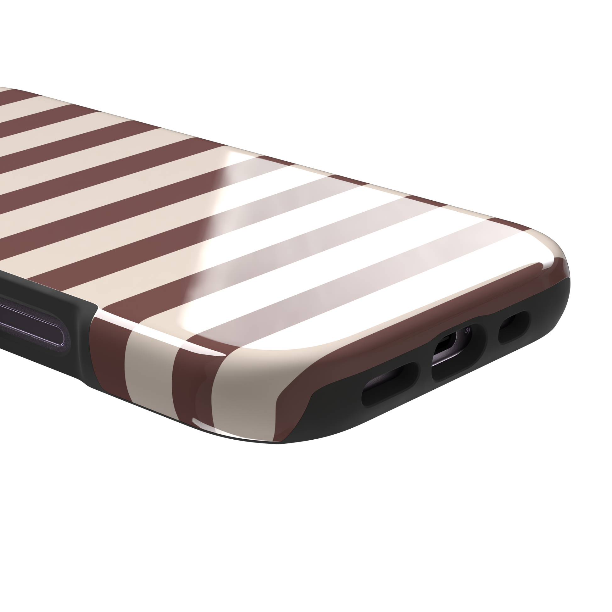 Horizontal Stripes phone case in warm mauve and cream bold horizontal bands, phone case by Caselier — tough case, charging port detail