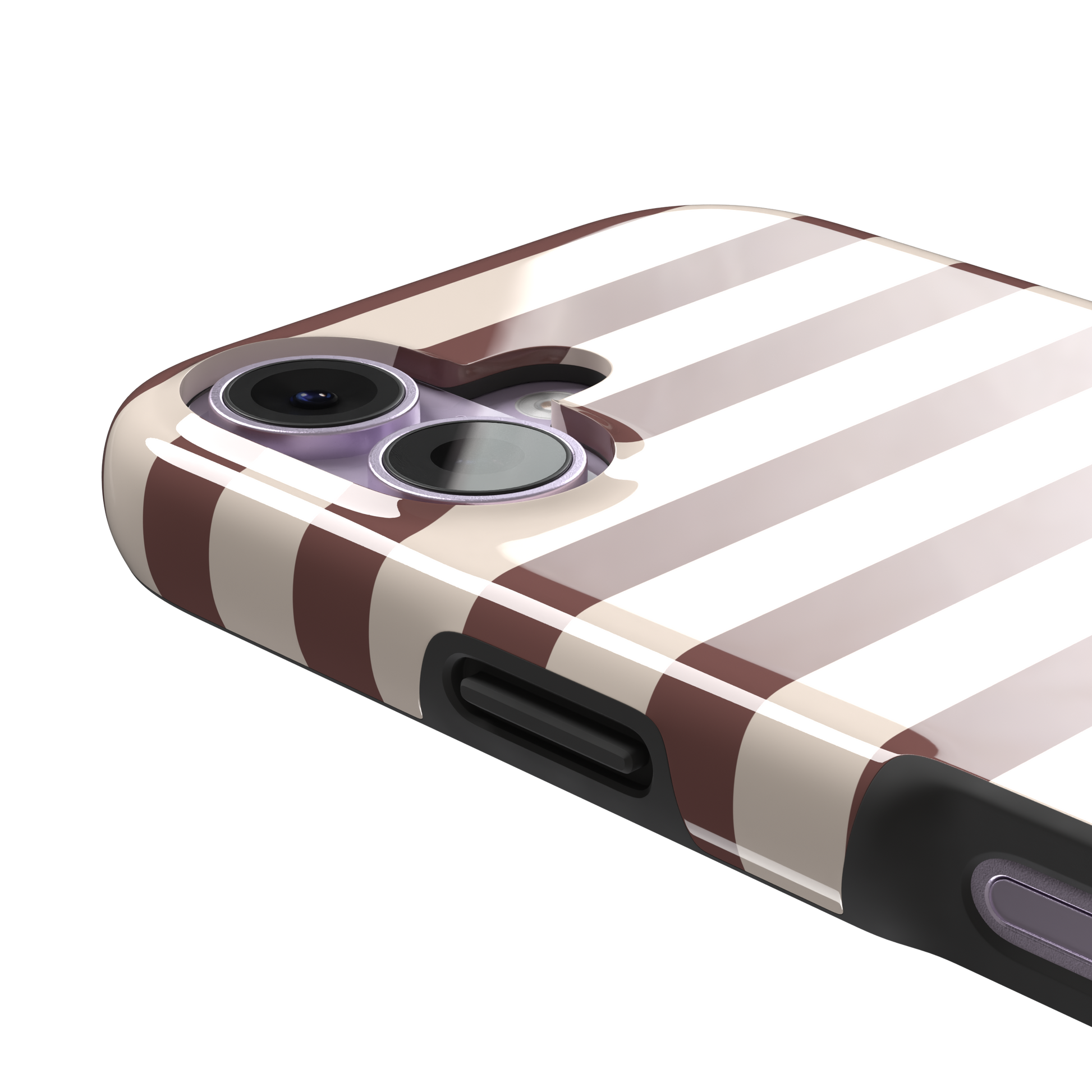 Horizontal Stripes phone case in warm mauve and cream bold horizontal bands, phone case by Caselier — tough case, volume buttons detail