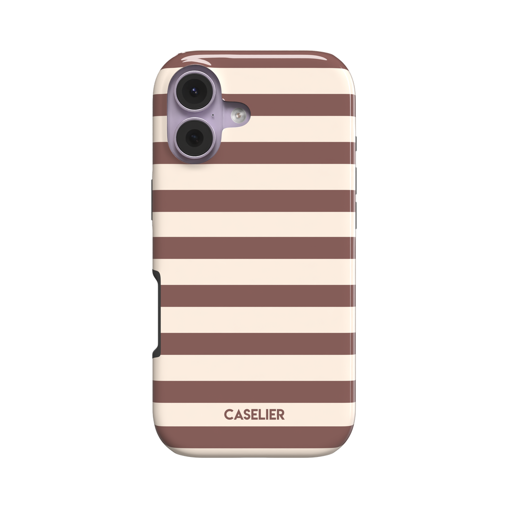 Glossy phone case with wide horizontal stripes alternating between warm cocoa brown and soft cream, classic striped pattern, phone case by Caselier - tough case, front view | Caselier