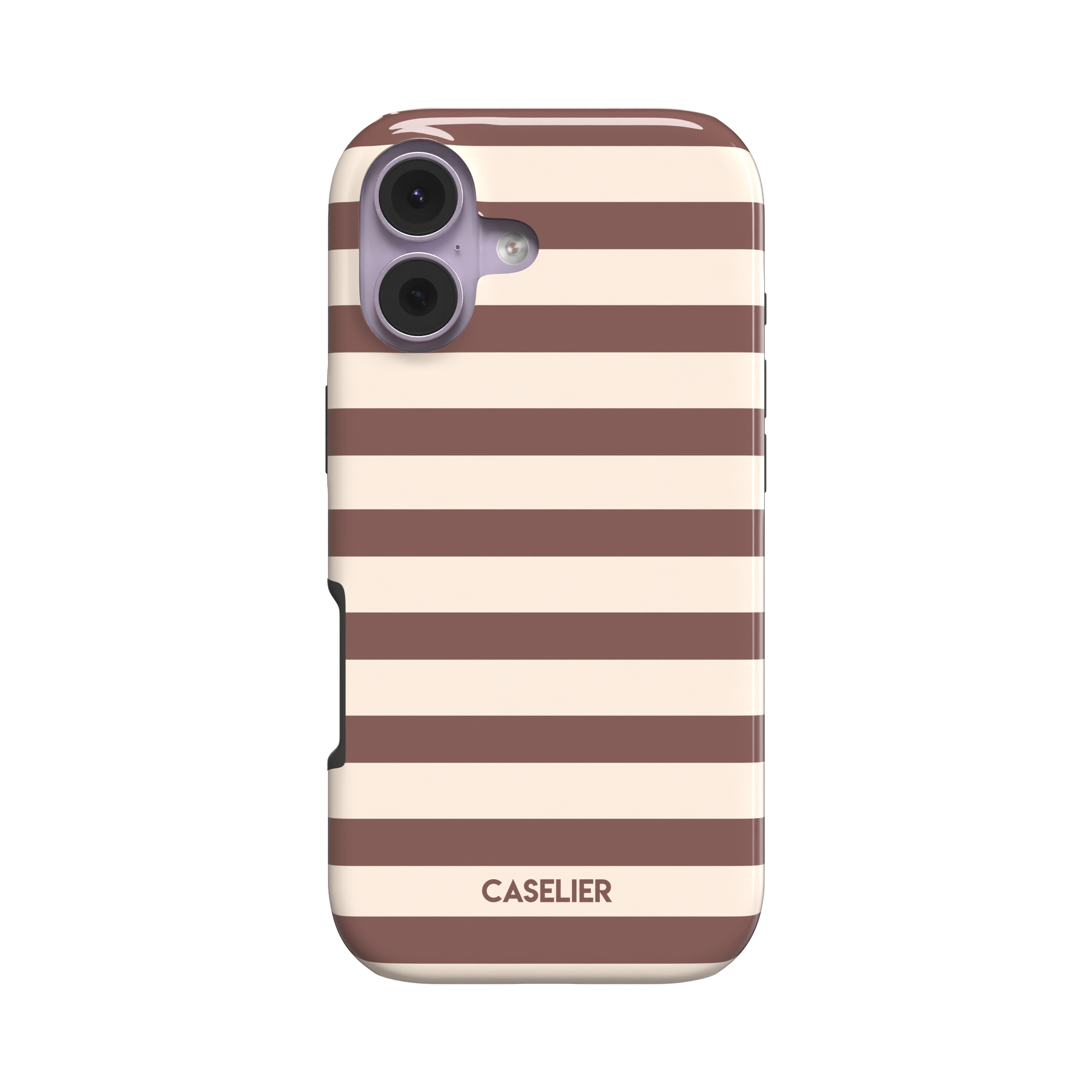 Glossy phone case with wide horizontal stripes alternating between warm cocoa brown and soft cream, classic striped pattern, phone case by Caselier - tough case, front view | Caselier