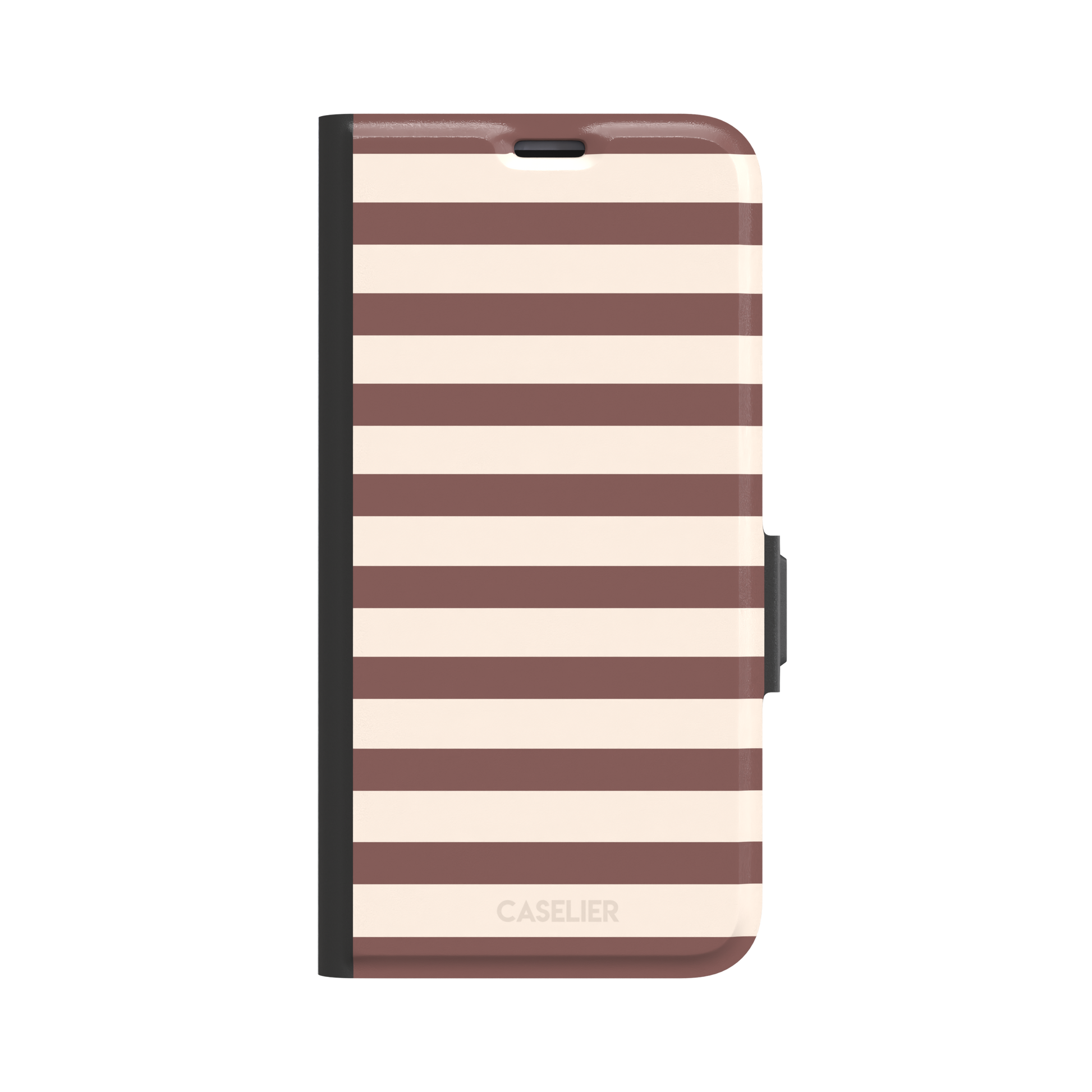 Horizontal Stripes phone case in warm mauve and cream bold horizontal bands, phone case by Caselier — wallet case, front view