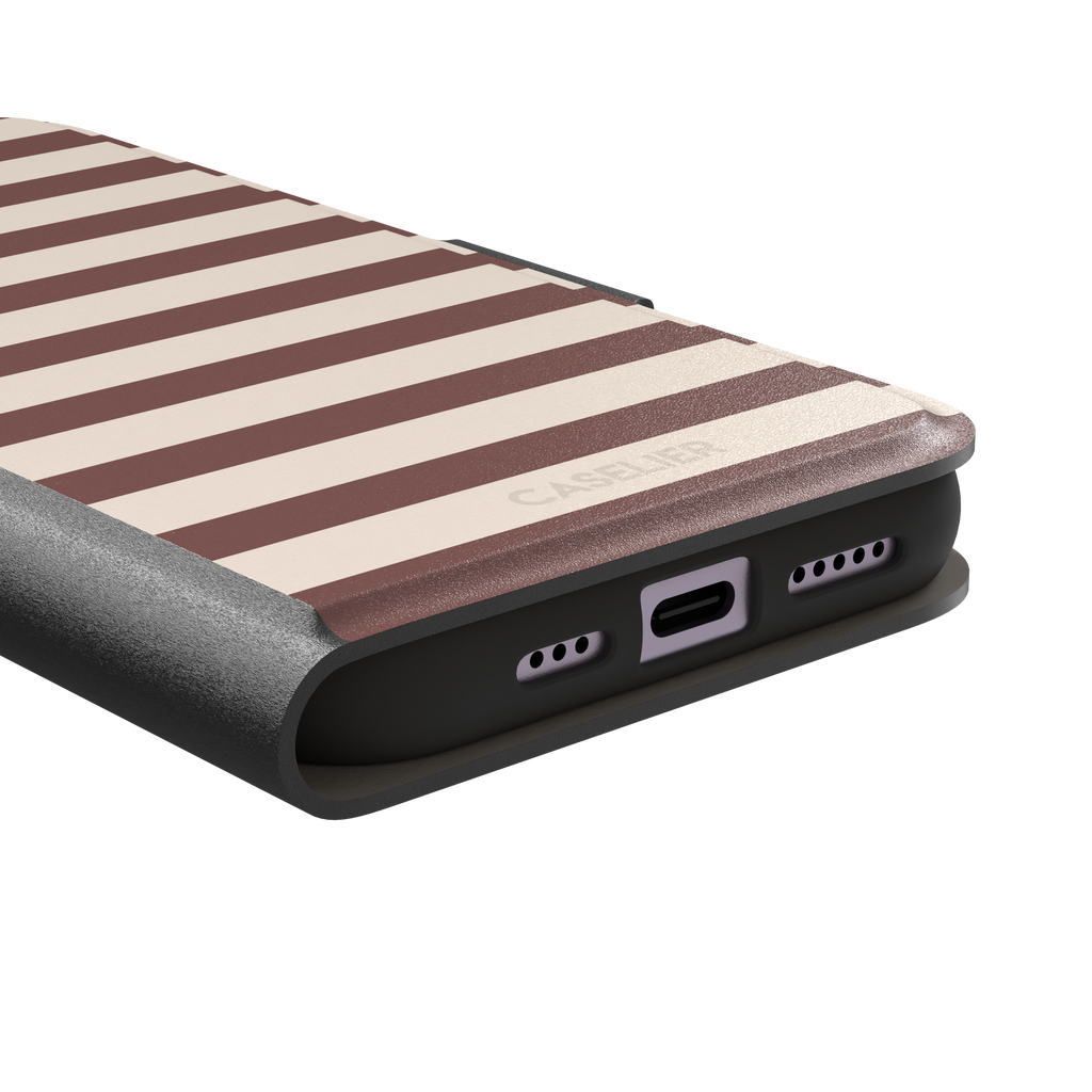 Horizontal Stripes phone case in warm mauve and cream bold horizontal bands, phone case by Caselier — wallet case, charging port detail
