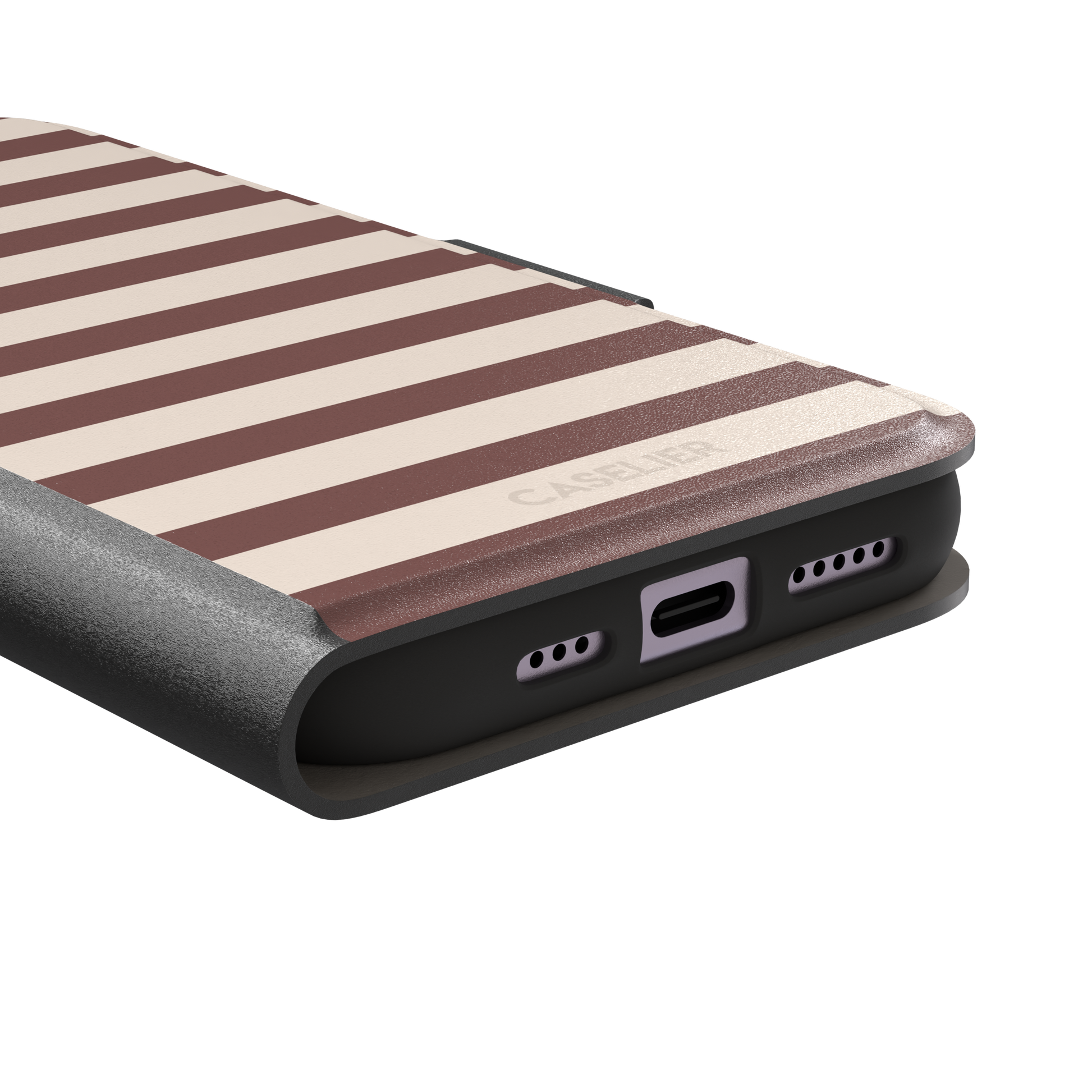 Horizontal Stripes phone case in warm mauve and cream bold horizontal bands, phone case by Caselier — wallet case, charging port detail