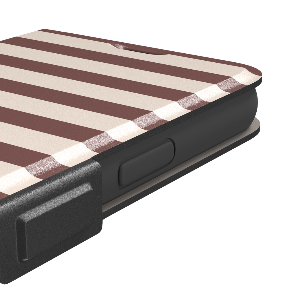 Horizontal Stripes phone case in warm mauve and cream bold horizontal bands, phone case by Caselier — wallet case, volume buttons detail