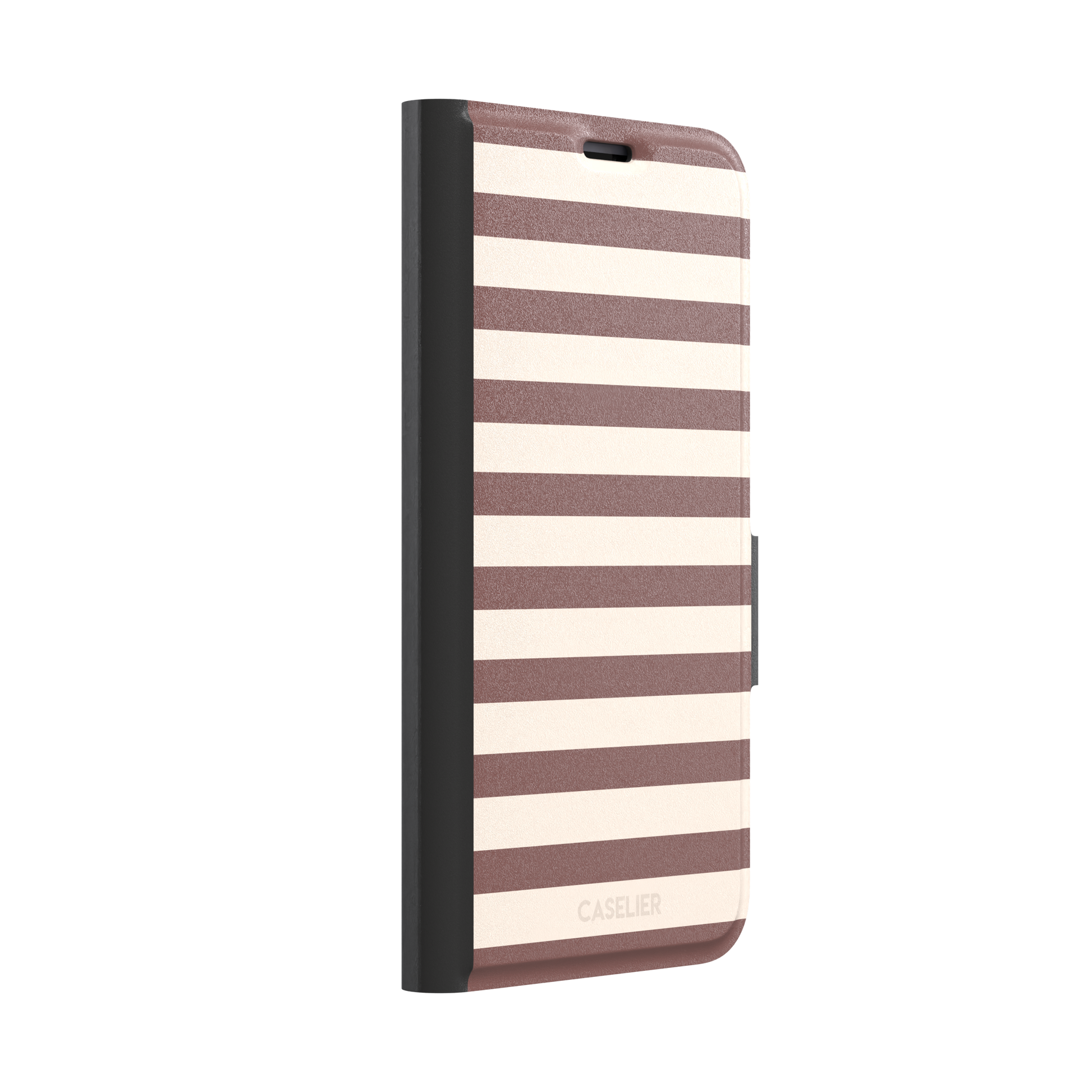Horizontal Stripes phone case in warm mauve and cream bold horizontal bands, phone case by Caselier — wallet case, left view