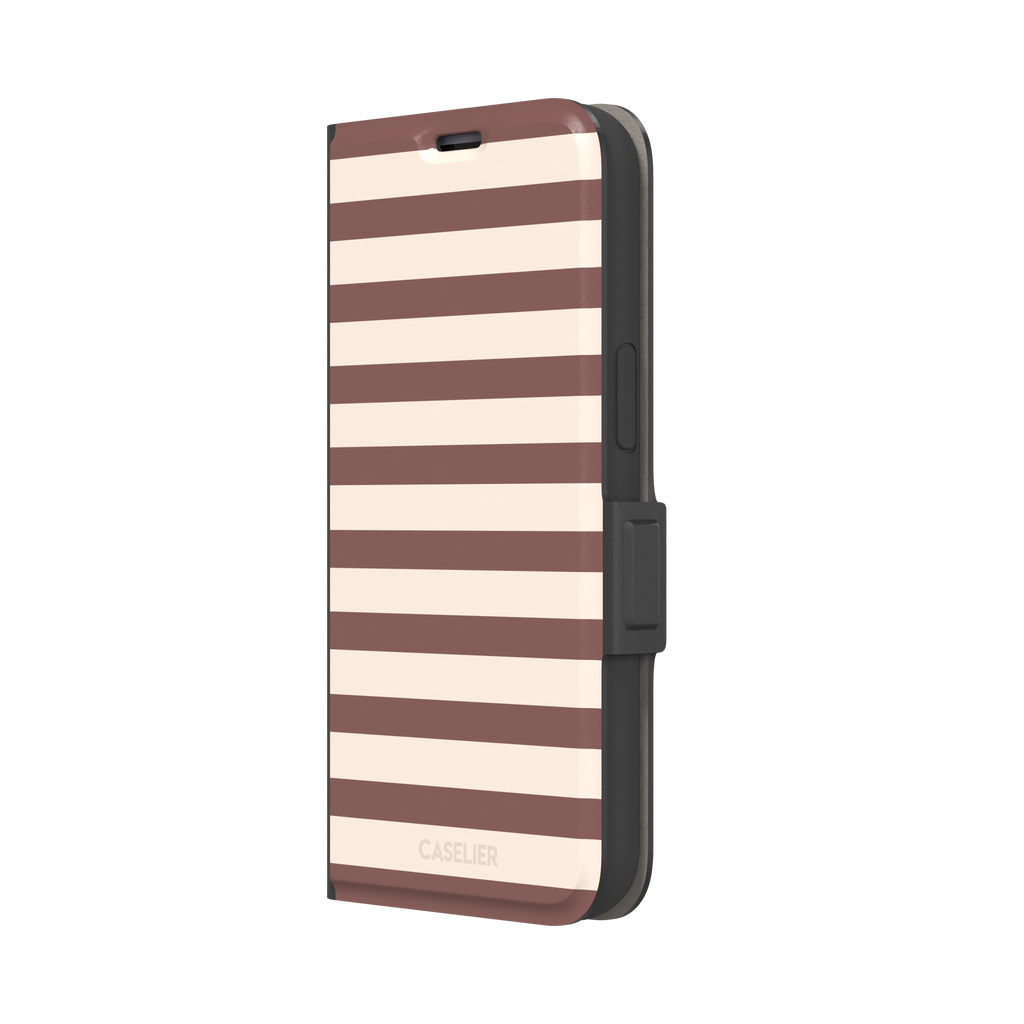 Horizontal Stripes phone case in warm mauve and cream bold horizontal bands, phone case by Caselier — wallet case, right view