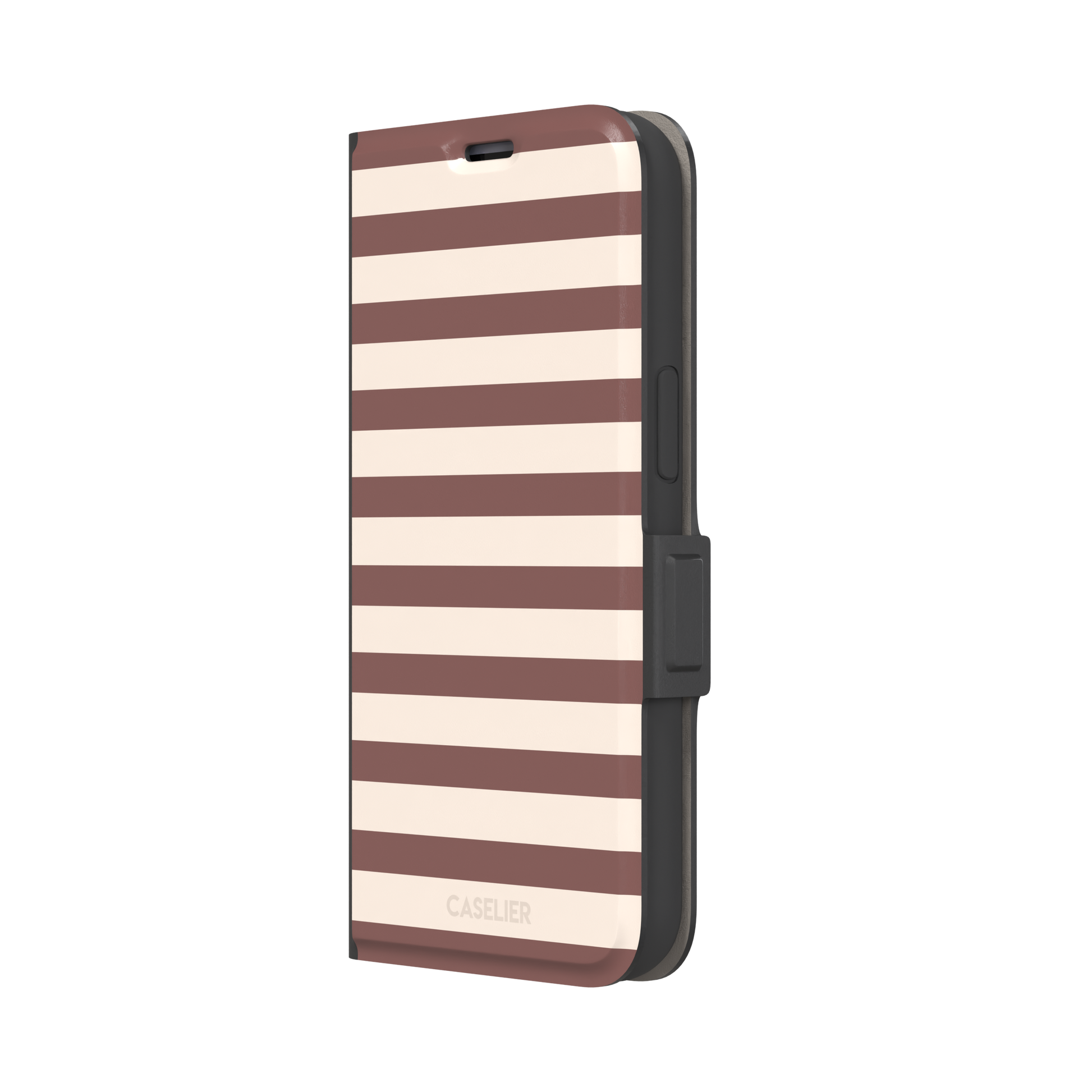 Horizontal Stripes phone case in warm mauve and cream bold horizontal bands, phone case by Caselier — wallet case, right view