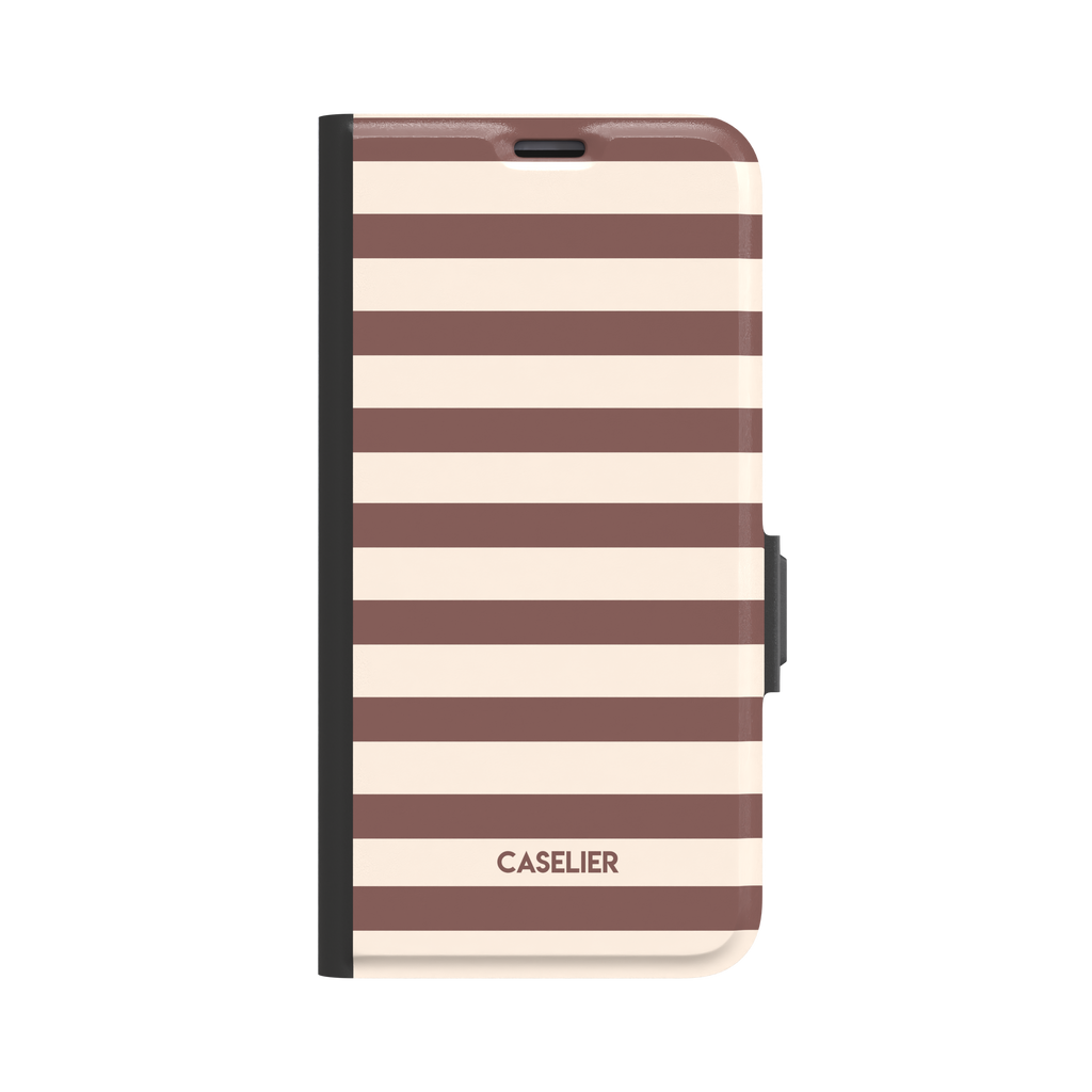 Glossy phone case with wide horizontal stripes alternating between warm cocoa brown and soft cream, classic striped pattern, phone case by Caselier - wallet case, front view | Caselier